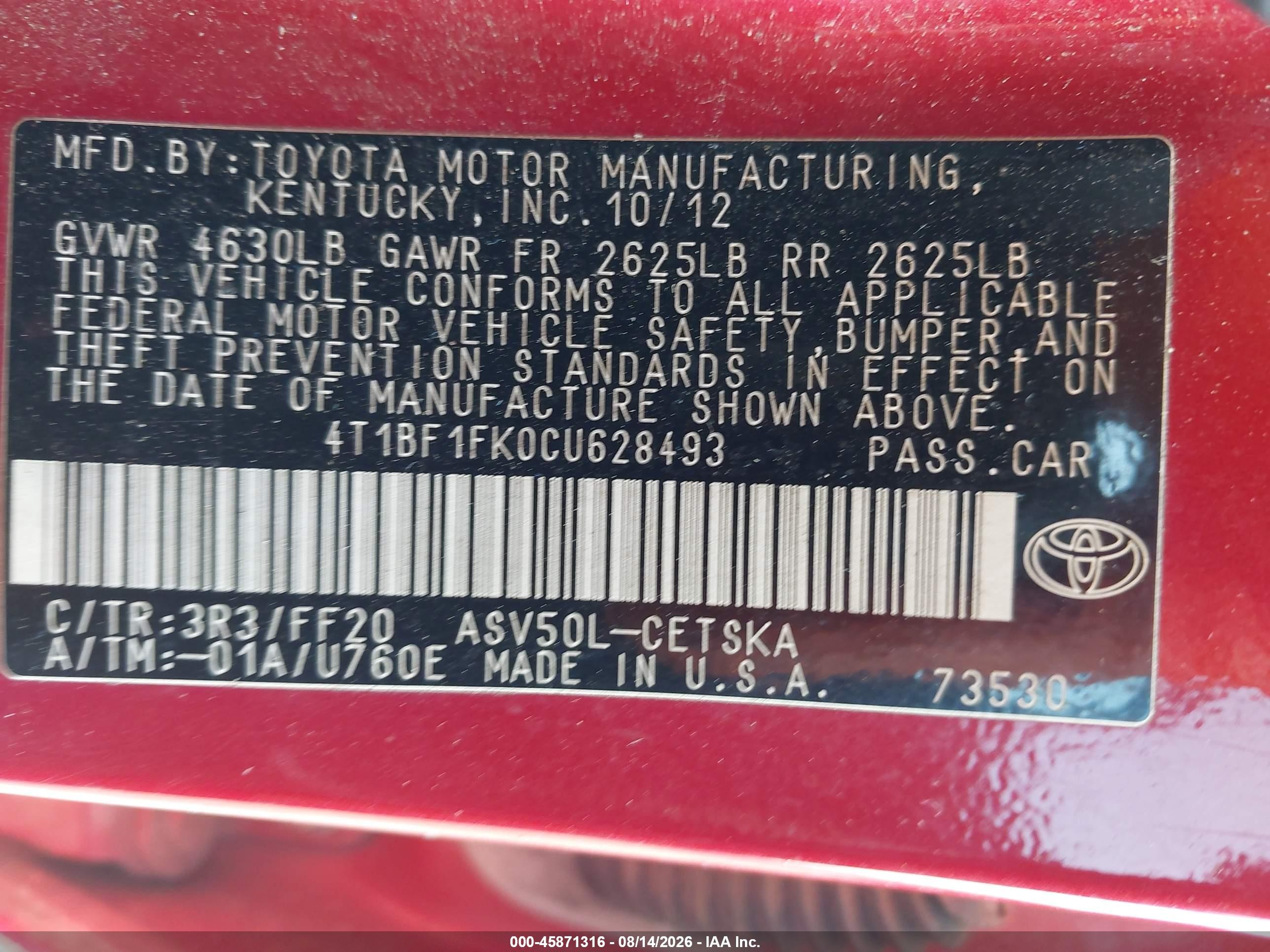 2012 Toyota Camry Se Red vin: 4T1BF1FK0CU628493
