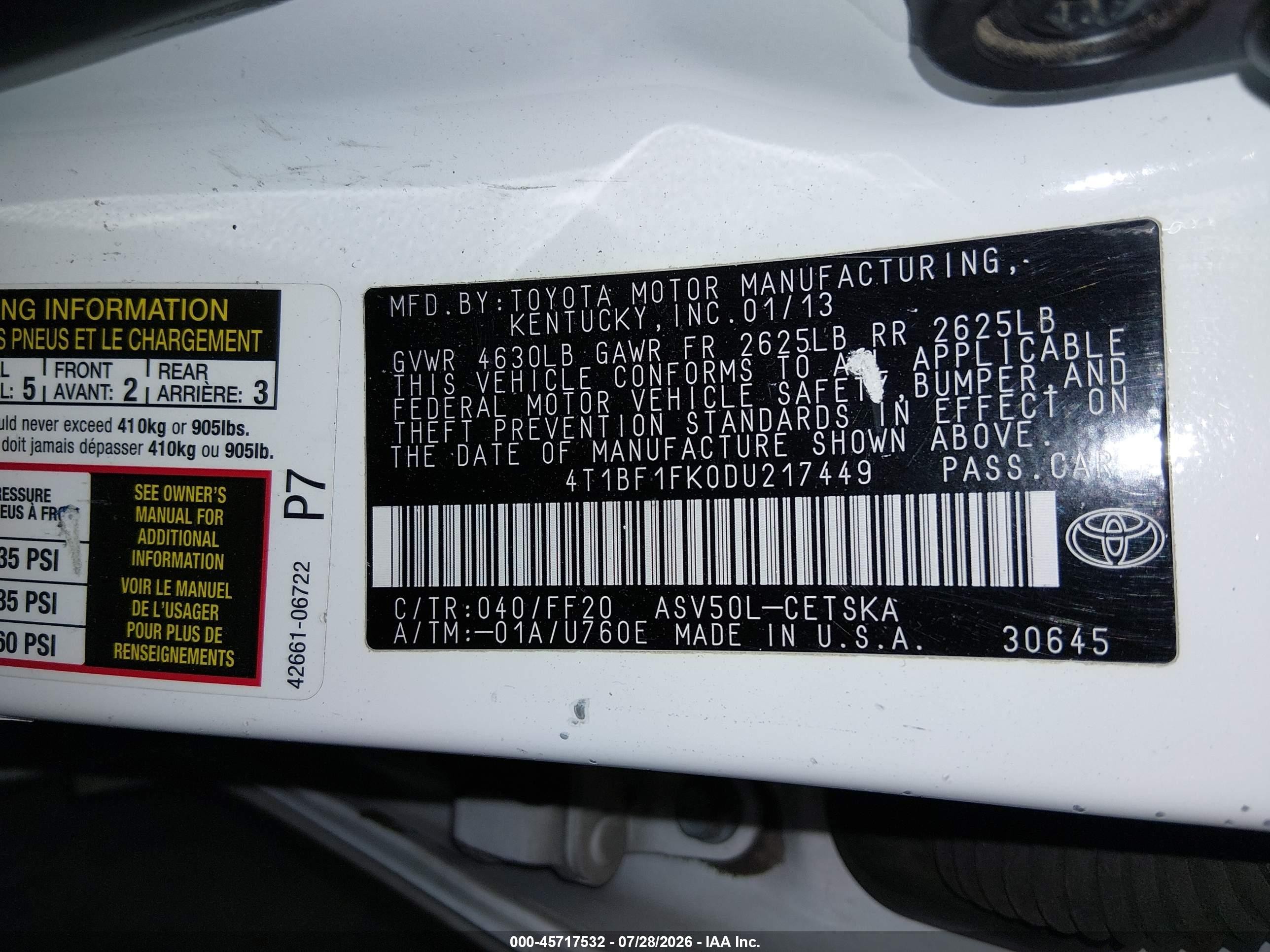 2013 Toyota Camry Se White vin: 4T1BF1FK0DU217449