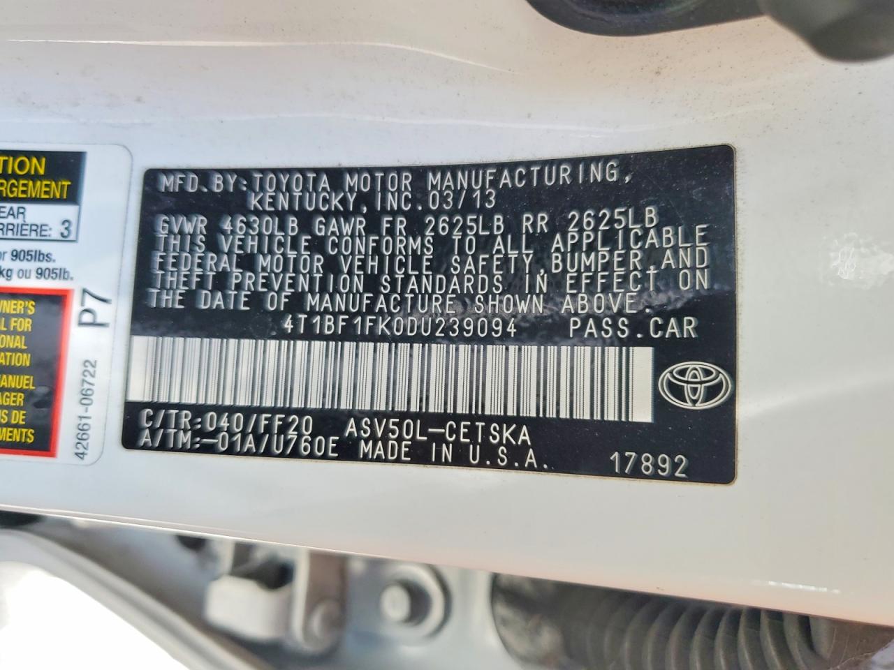 2013 Toyota Camry Se White vin: 4T1BF1FK0DU239094