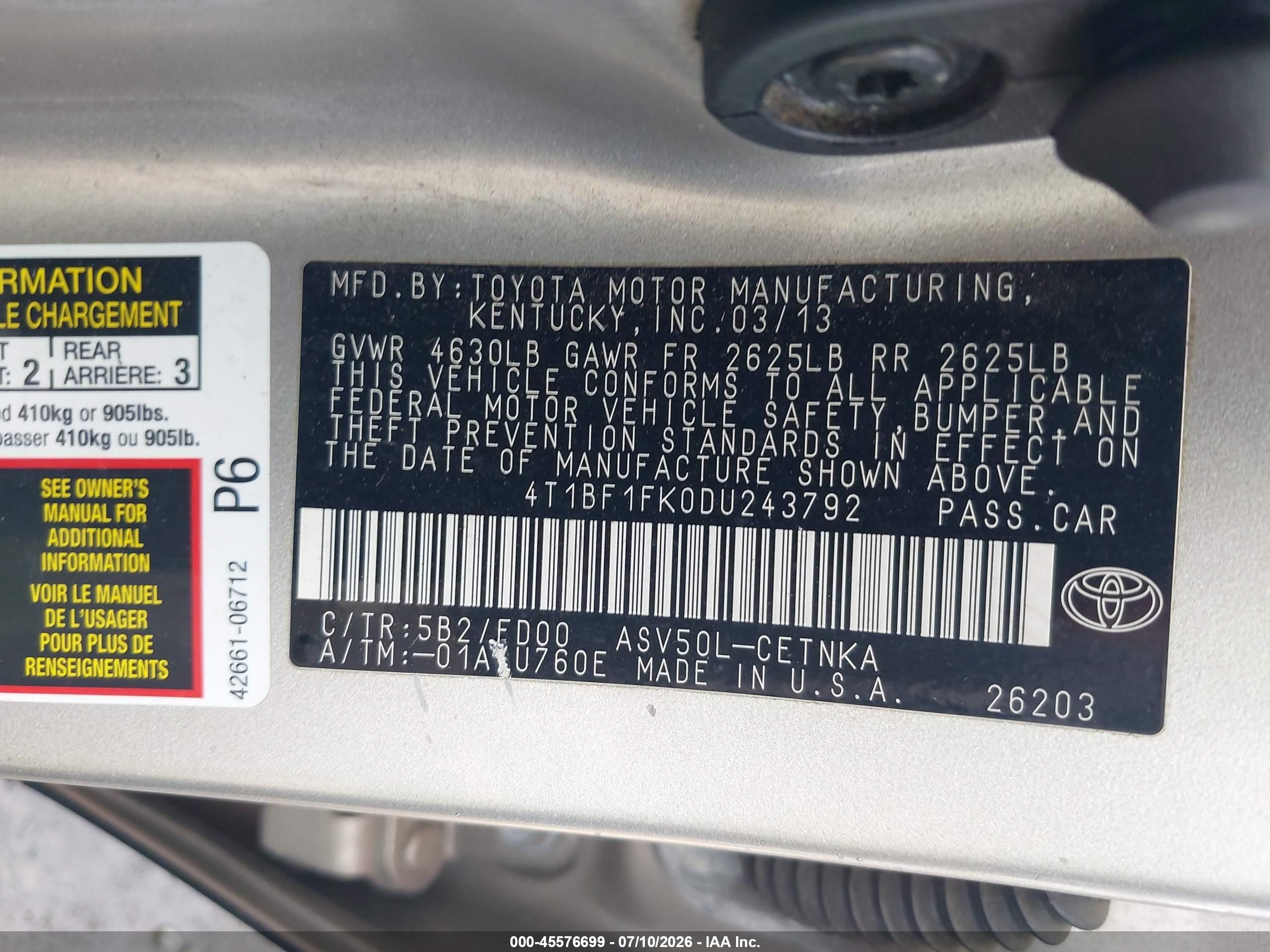 2013 Toyota Camry Le Black vin: 4T1BF1FK0DU243792