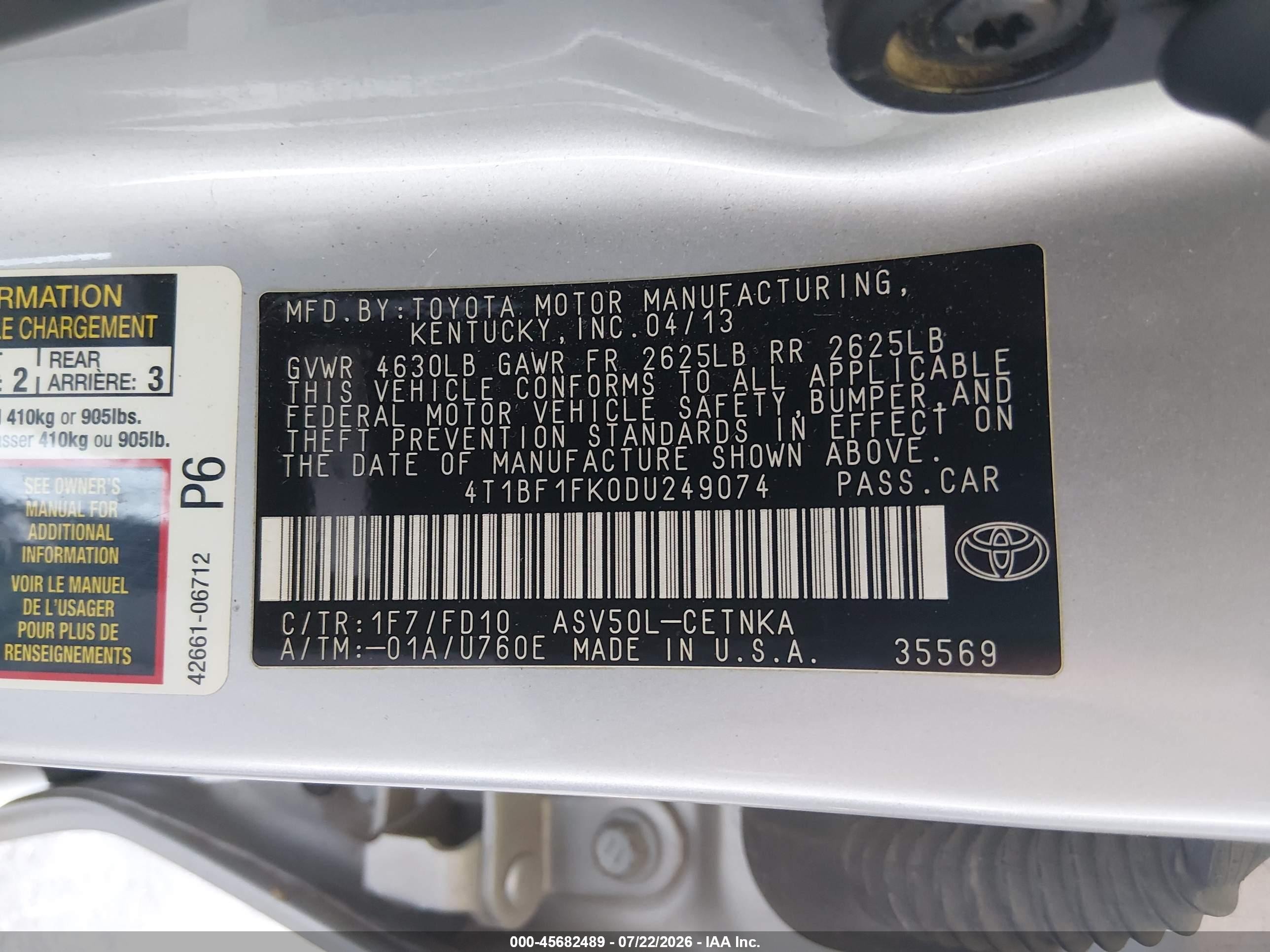 2013 Toyota Camry Le Silver vin: 4T1BF1FK0DU249074