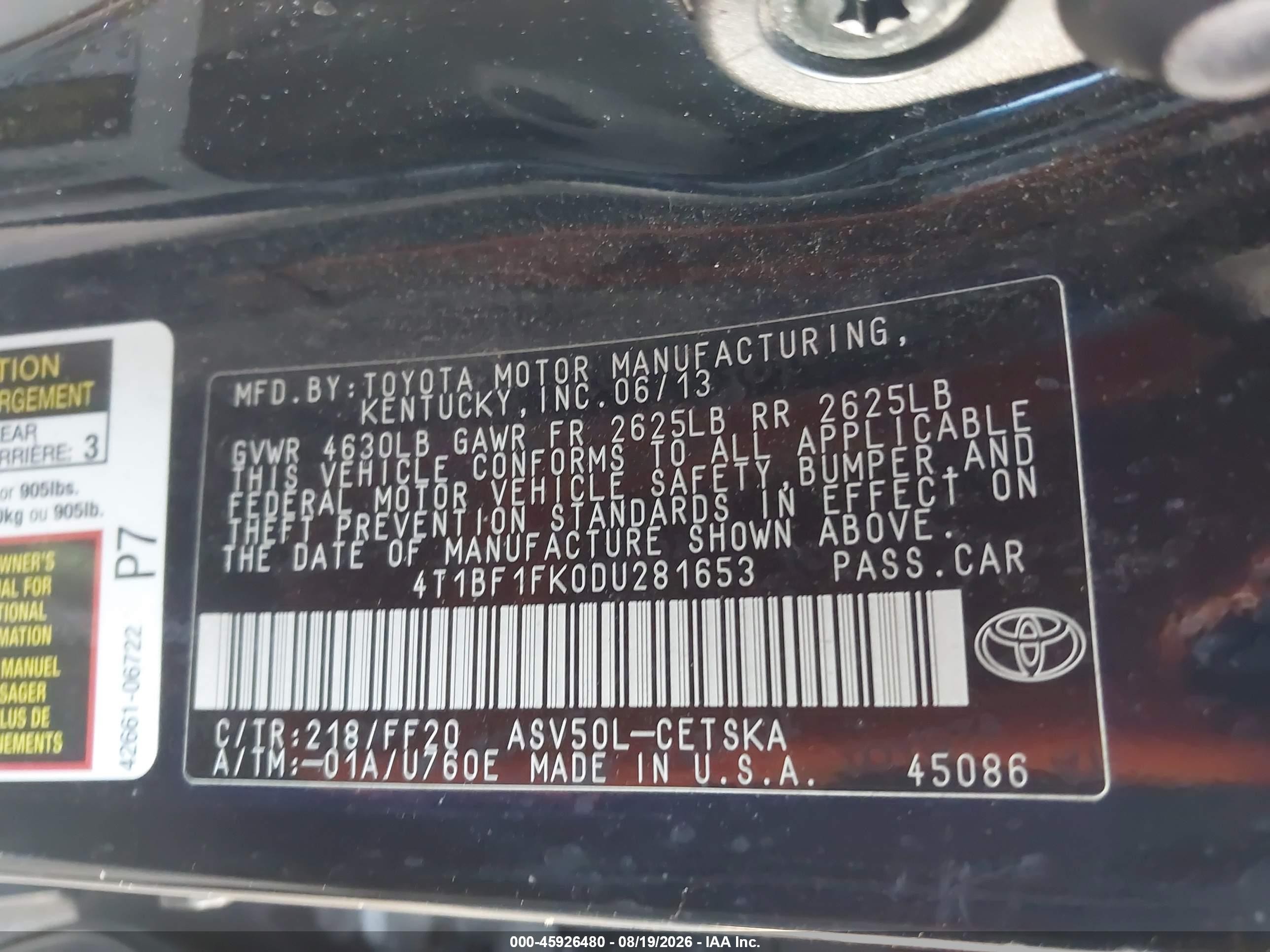 2013 Toyota Camry L/se/le/xle Black vin: 4T1BF1FK0DU281653