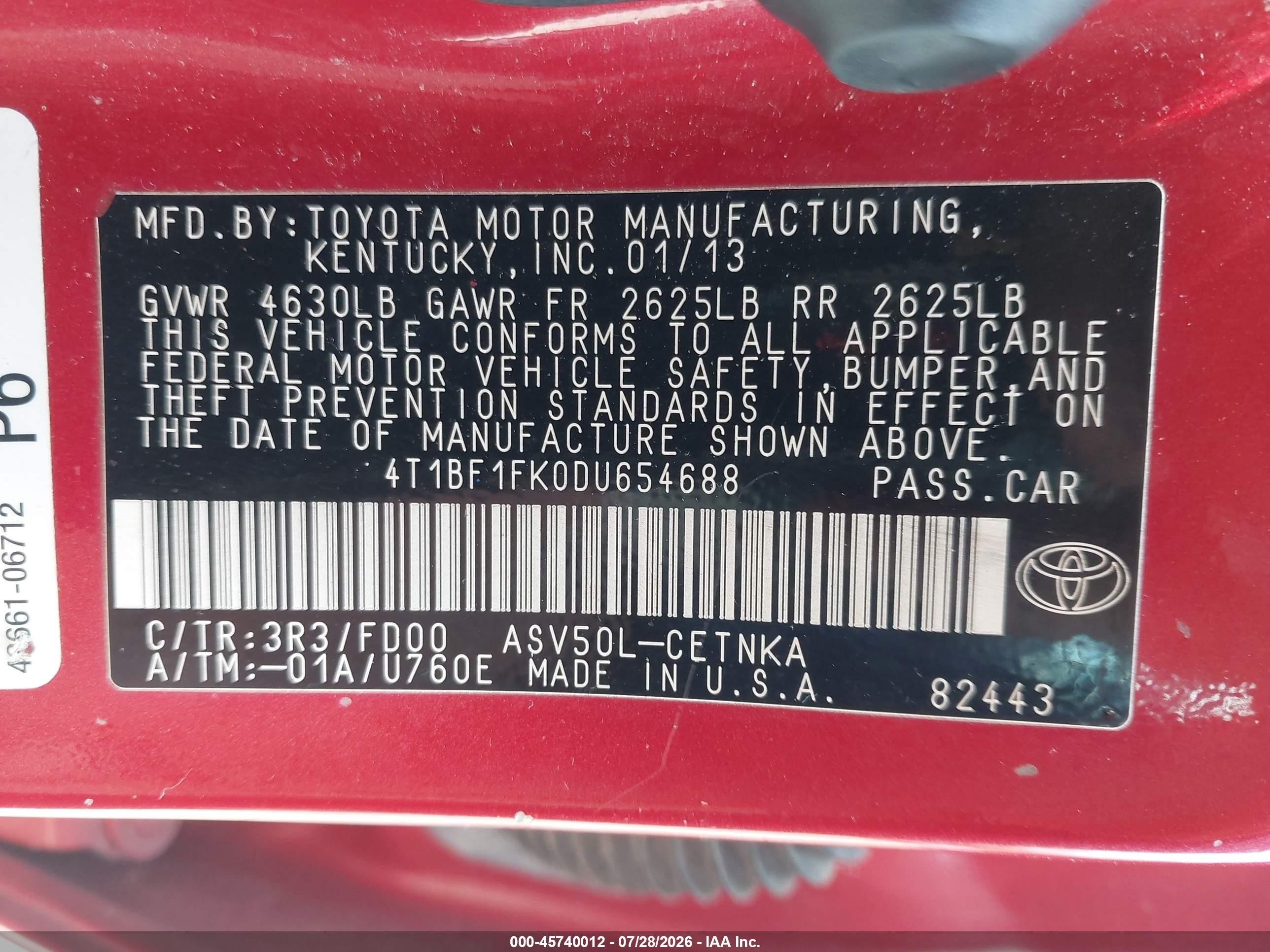 2013 Toyota Camry Le Красный vin: 4T1BF1FK0DU654688