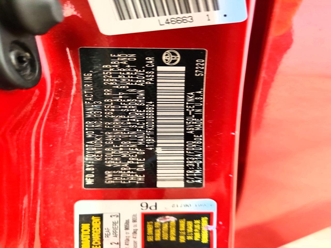 2013 Toyota Camry Le Red vin: 4T1BF1FK0DU668624