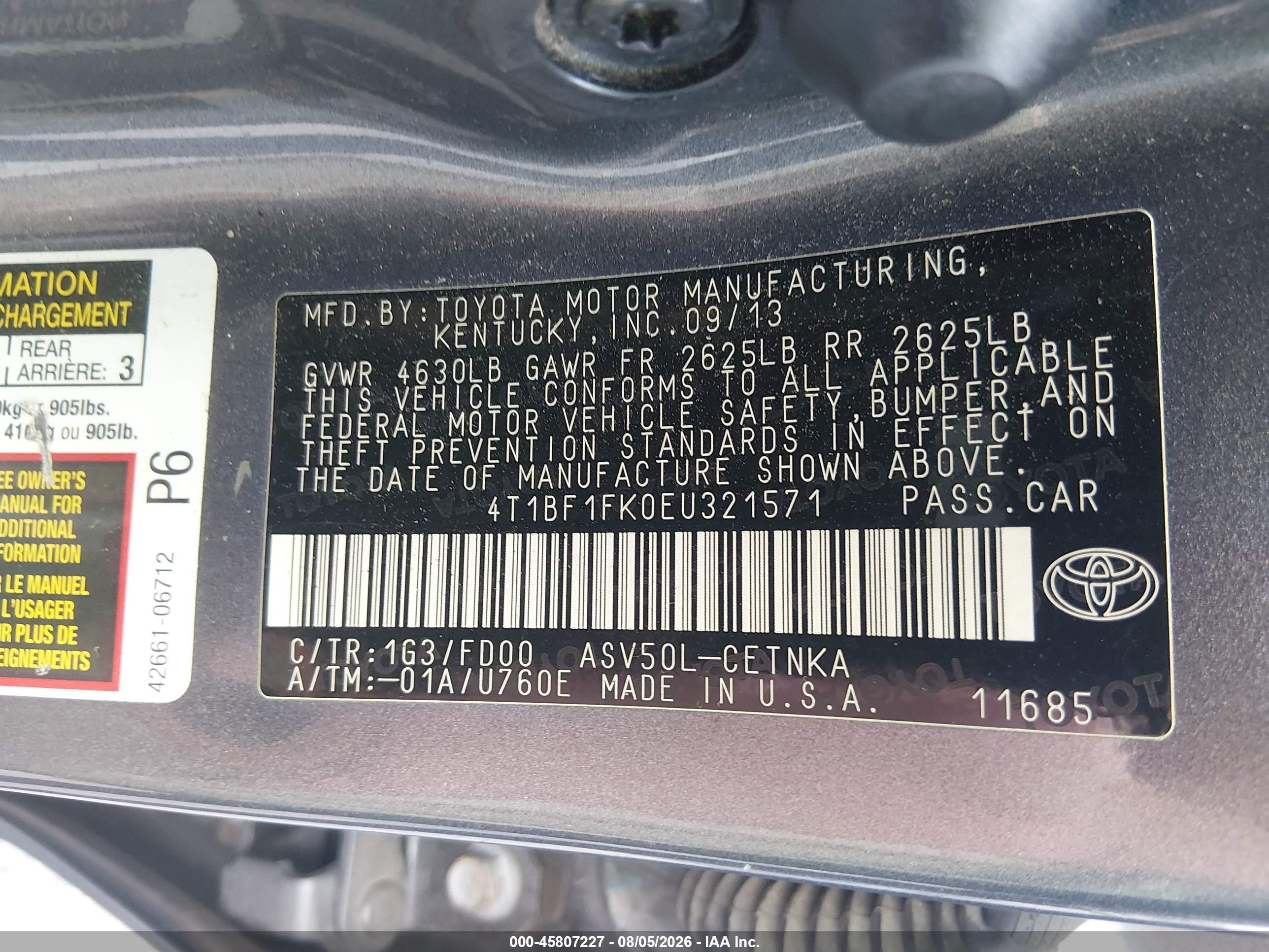 2014 Toyota Camry Le Gray vin: 4T1BF1FK0EU321571