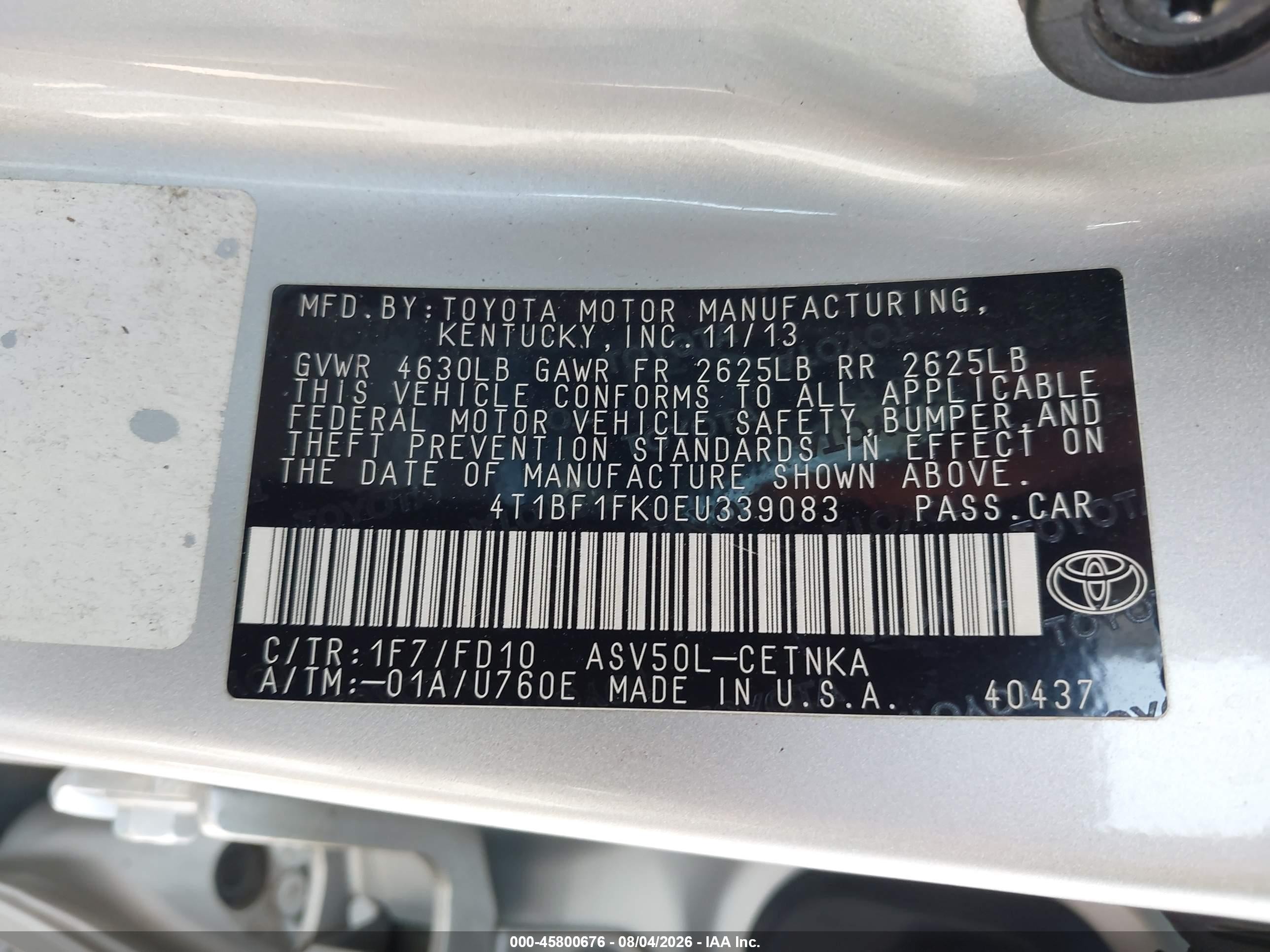 2014 Toyota Camry Le Silver vin: 4T1BF1FK0EU339083