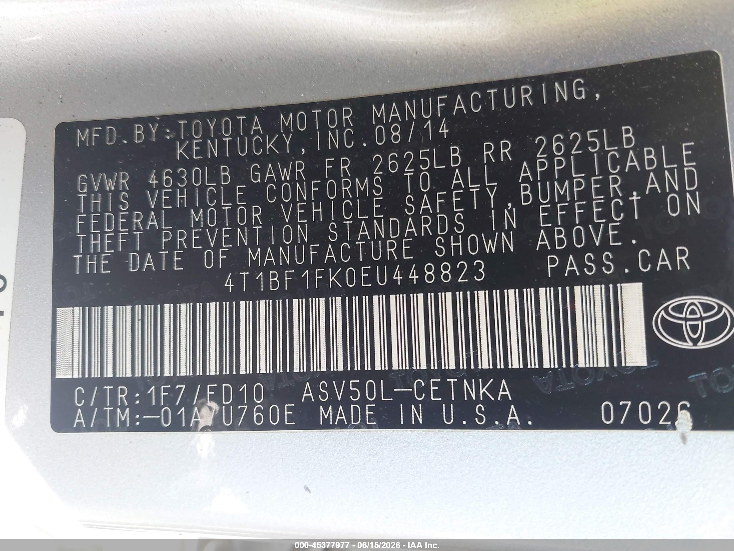 2014 Toyota Camry Le Silver vin: 4T1BF1FK0EU448823