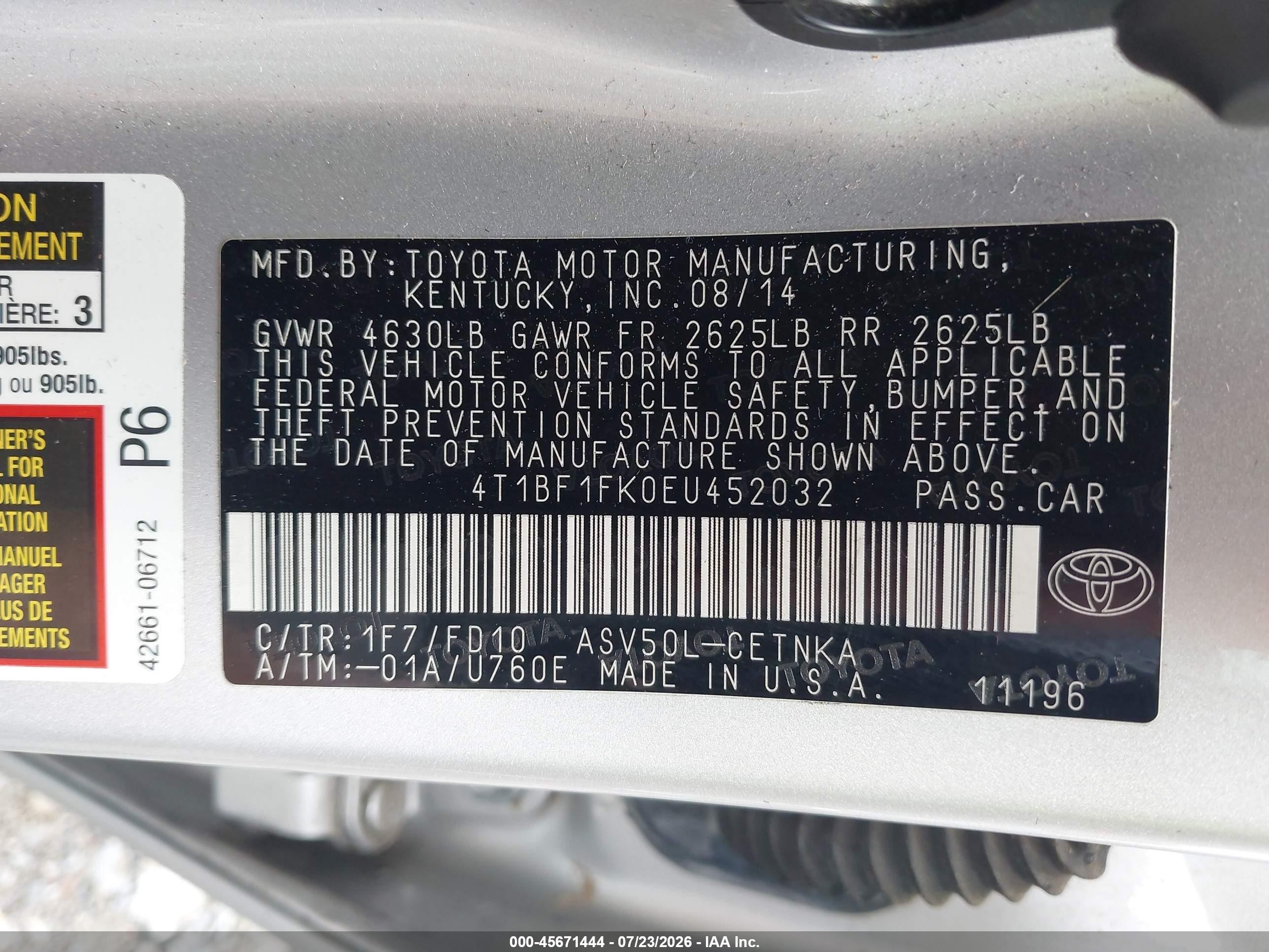 2014 Toyota Camry Le Silver vin: 4T1BF1FK0EU452032