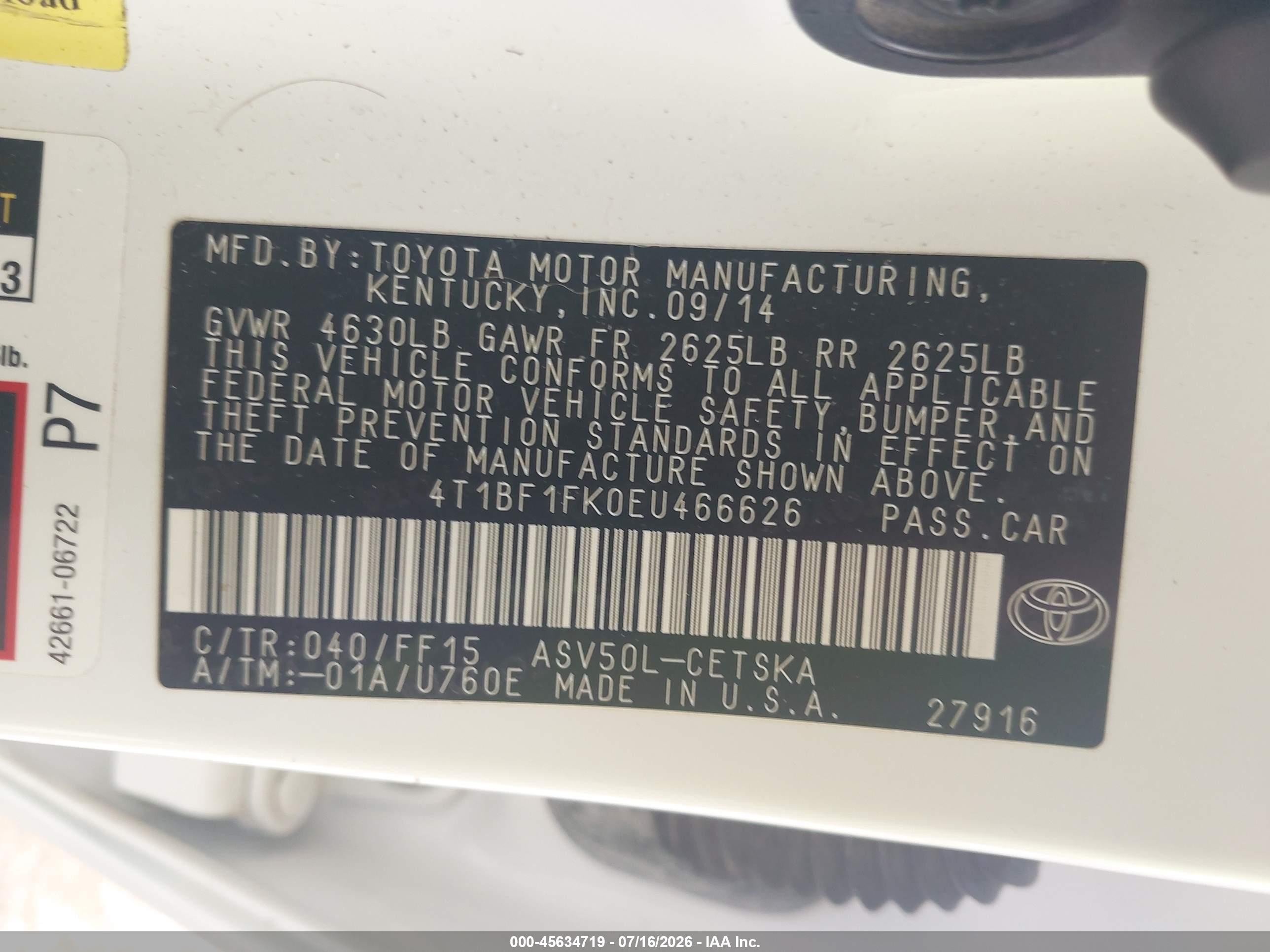 2014 Toyota Camry Se White vin: 4T1BF1FK0EU466626