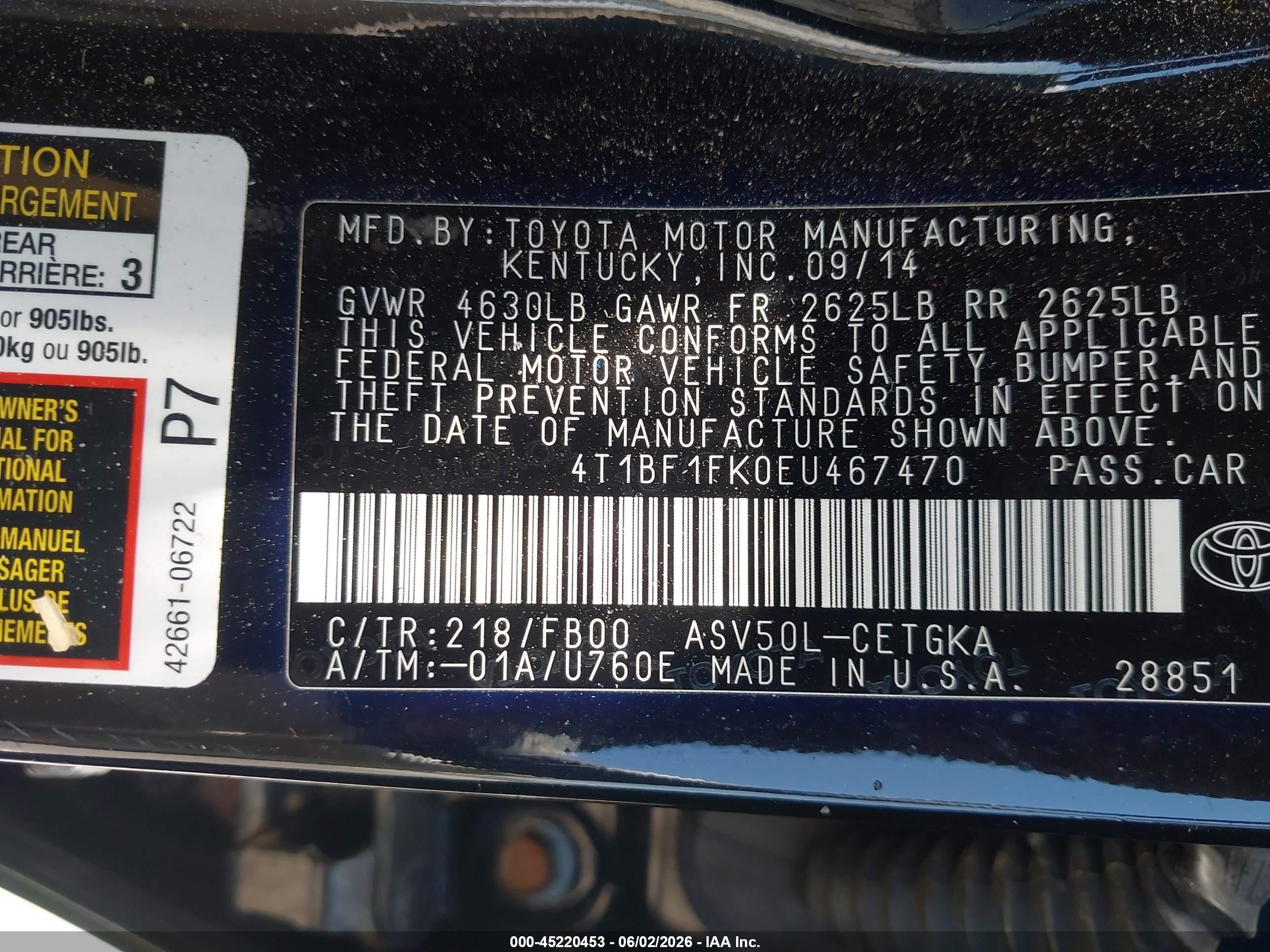 2014 Toyota Camry Xle Black vin: 4T1BF1FK0EU467470