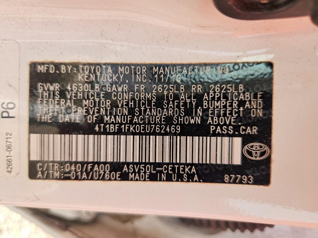 2014 Toyota Camry L White vin: 4T1BF1FK0EU762469