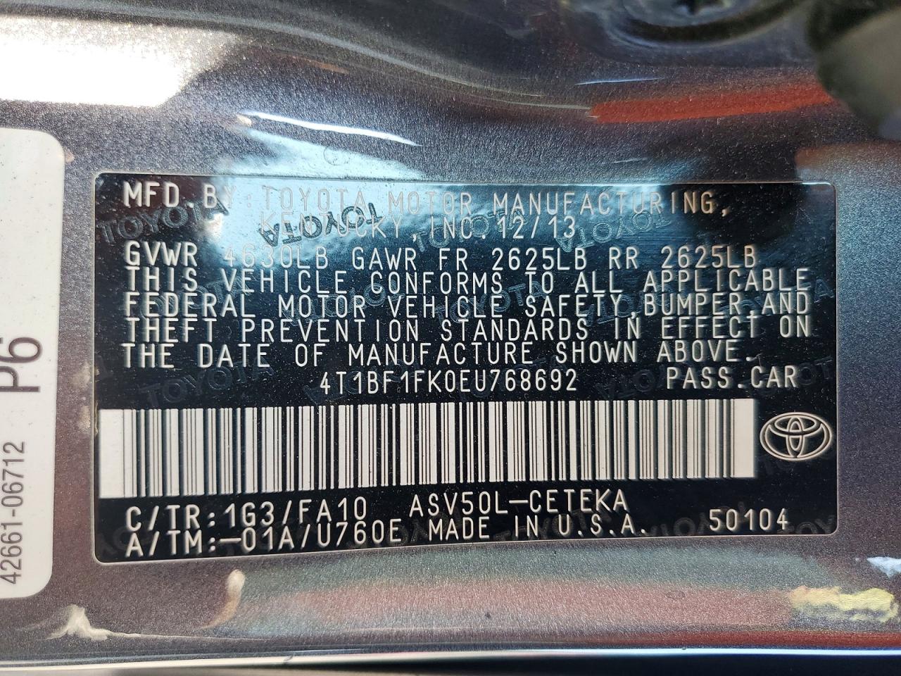 2014 Toyota Camry L Gray vin: 4T1BF1FK0EU768692