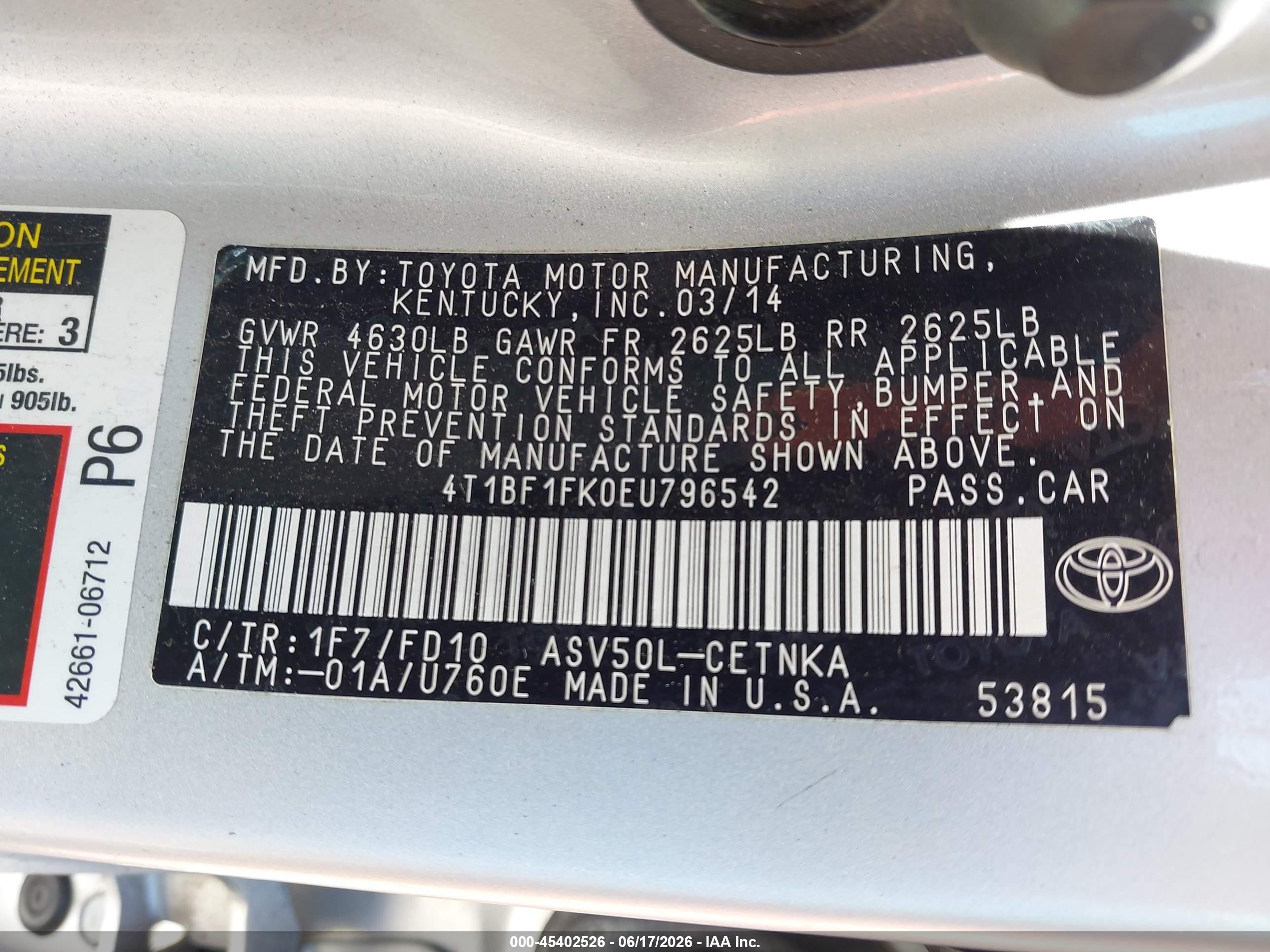 2014 Toyota Camry Le Silver vin: 4T1BF1FK0EU796542
