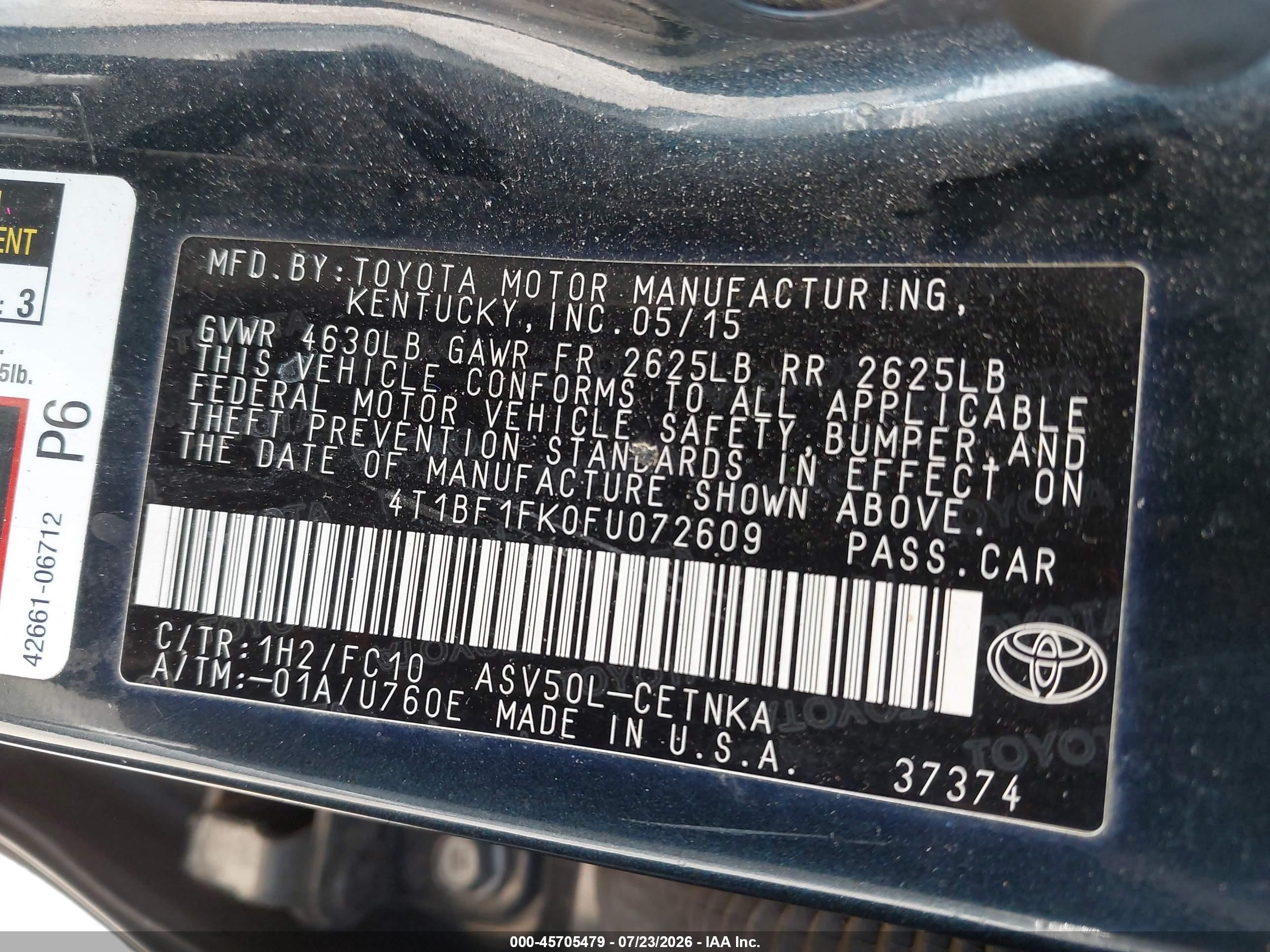 2015 Toyota Camry Le Black vin: 4T1BF1FK0FU072609