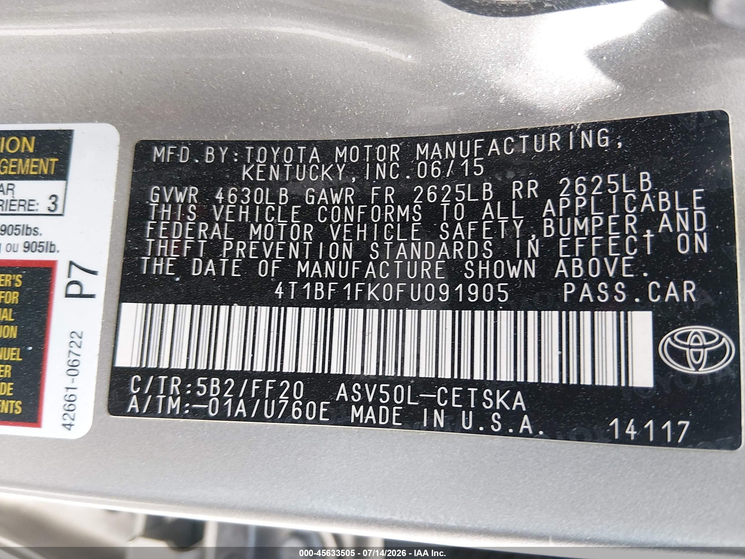 2015 Toyota Camry Se Tan vin: 4T1BF1FK0FU091905