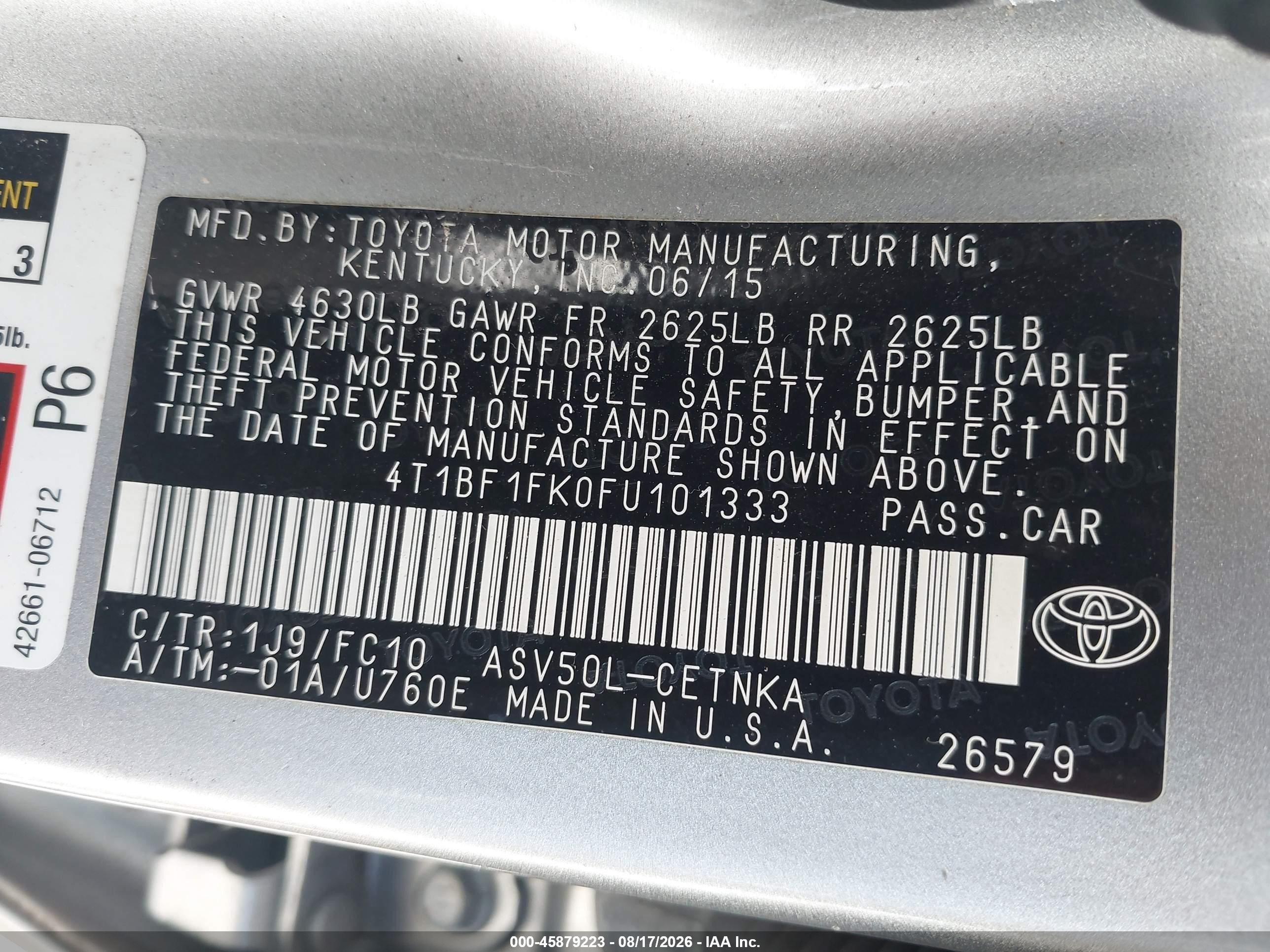 2015 Toyota Camry Le Silver vin: 4T1BF1FK0FU101333