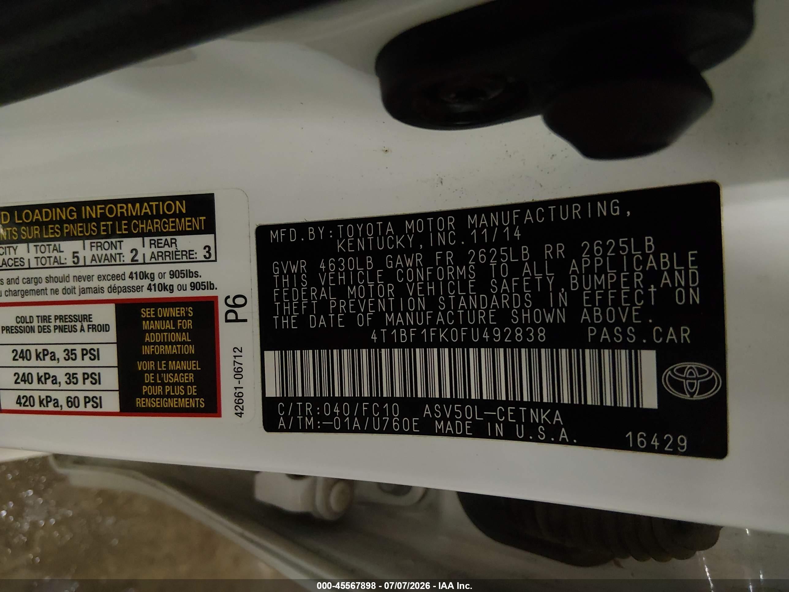 2015 Toyota Camry Le White vin: 4T1BF1FK0FU492838
