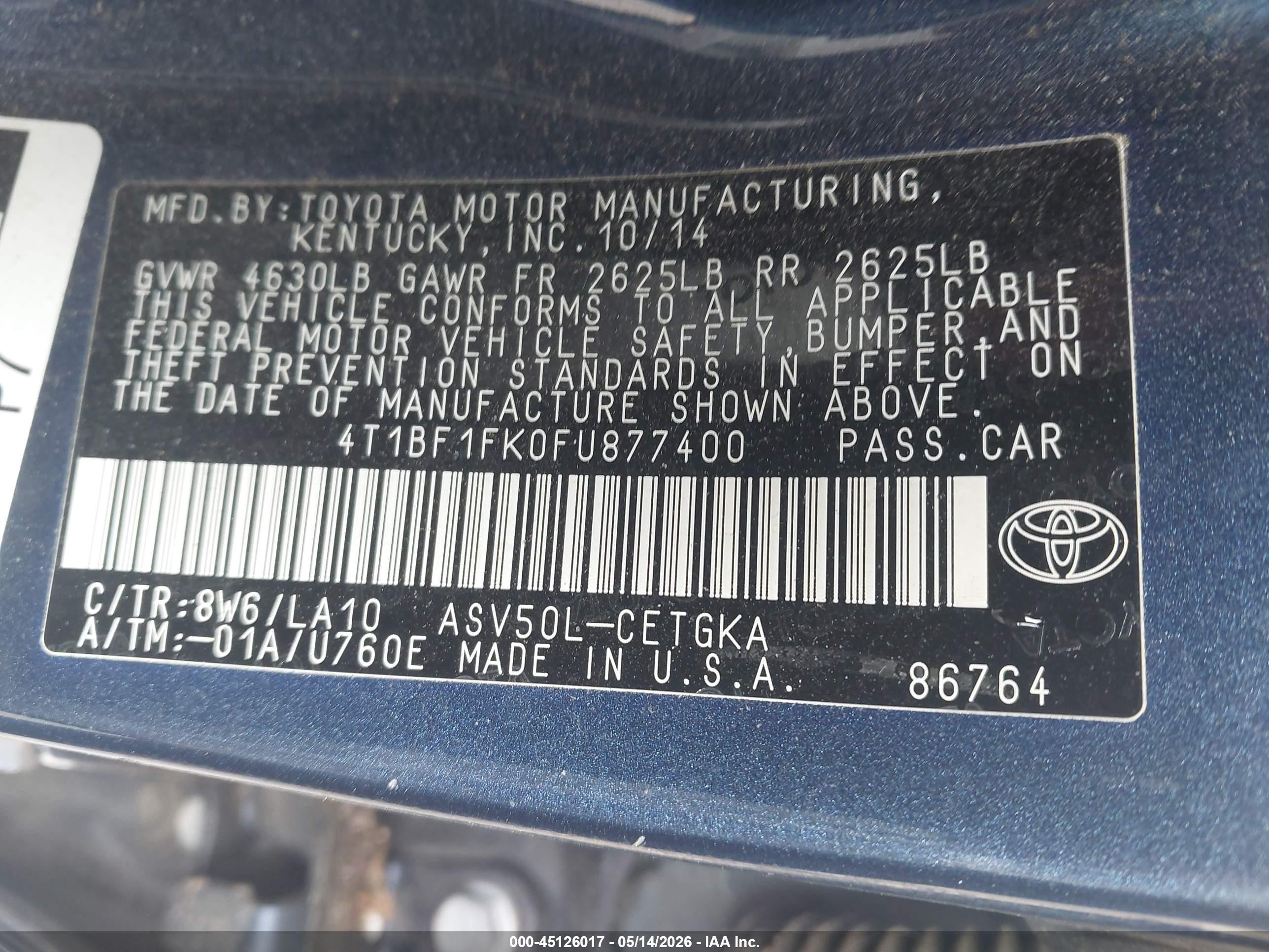 2015 Toyota Camry Xle Blue vin: 4T1BF1FK0FU877400
