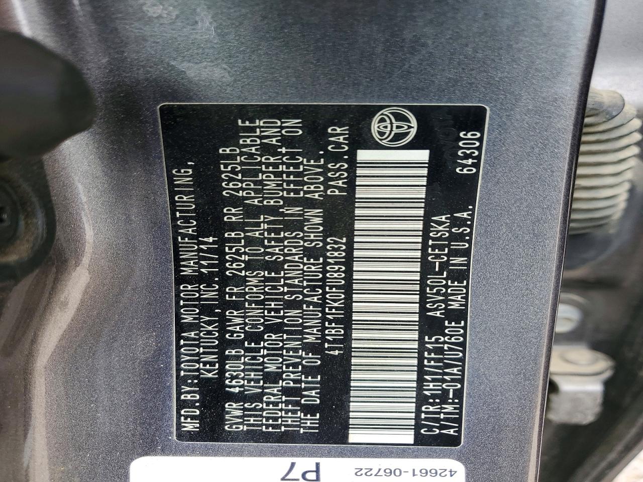 2015 Toyota Camry Se Gray vin: 4T1BF1FK0FU891832