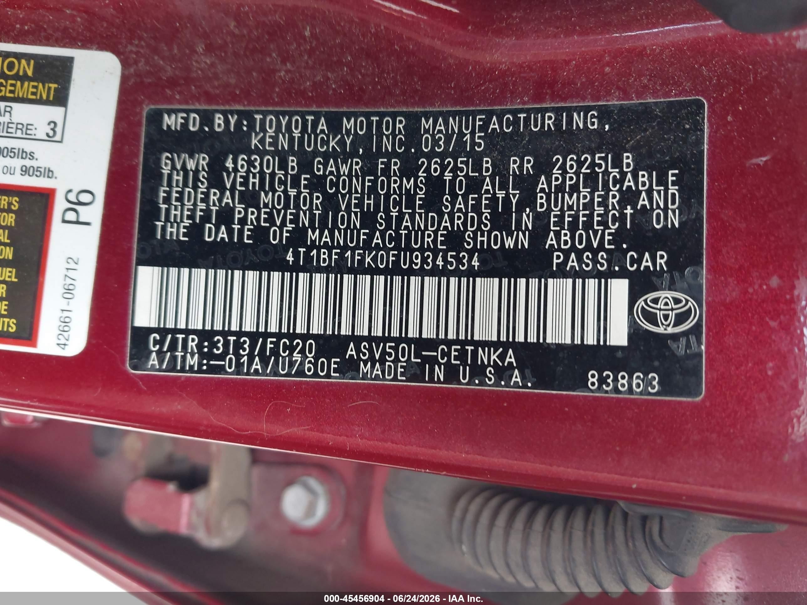 2015 Toyota Camry Le Red vin: 4T1BF1FK0FU934534