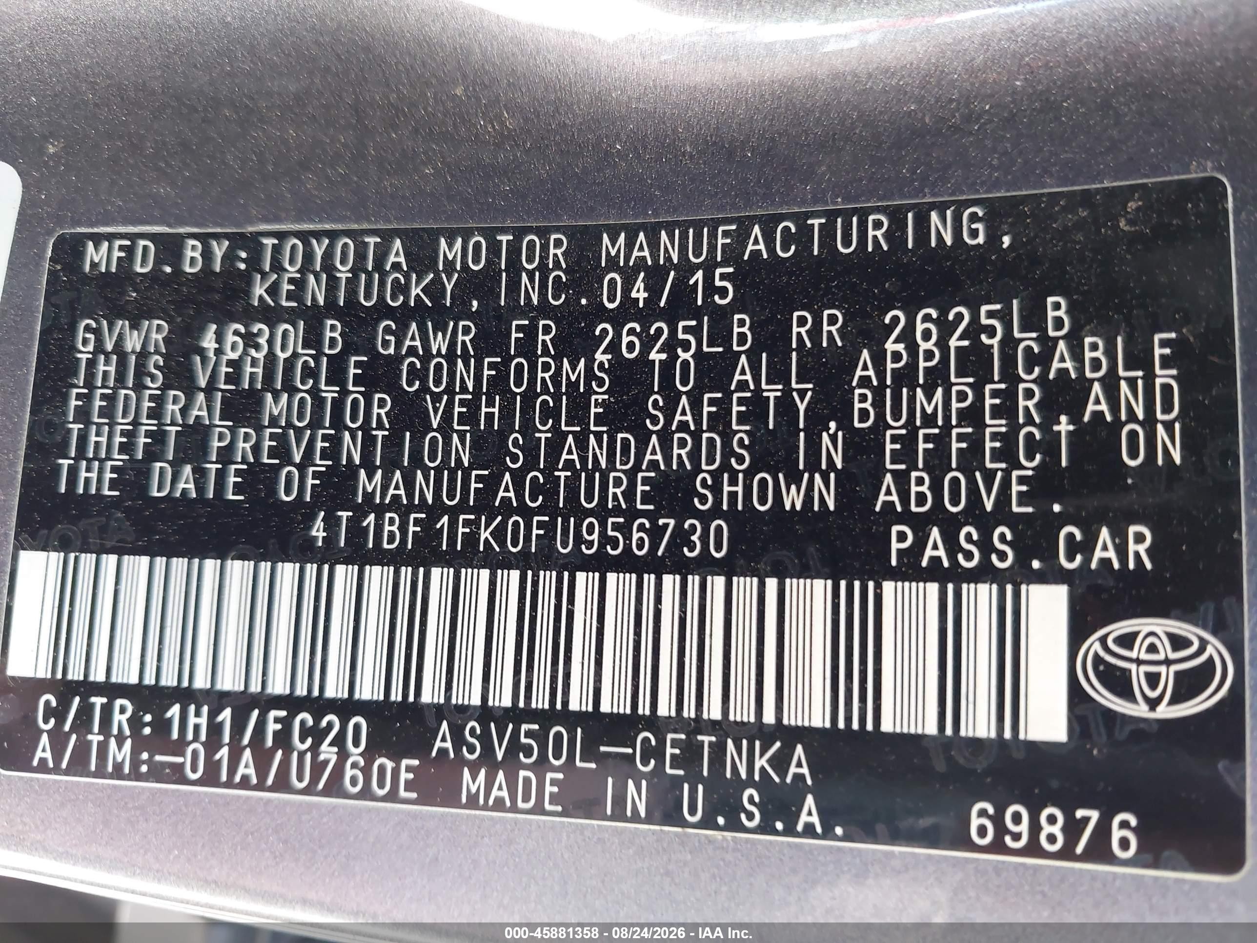 2015 Toyota Camry Le Gray vin: 4T1BF1FK0FU956730