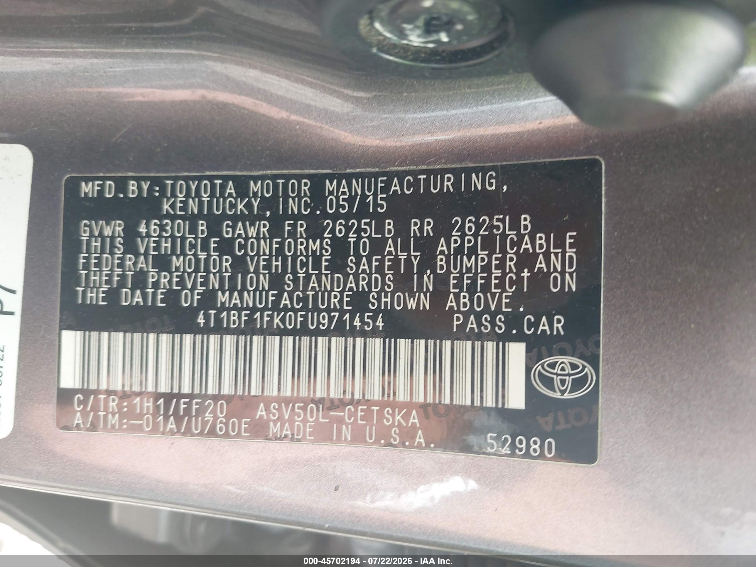 2015 Toyota Camry Se Gray vin: 4T1BF1FK0FU971454