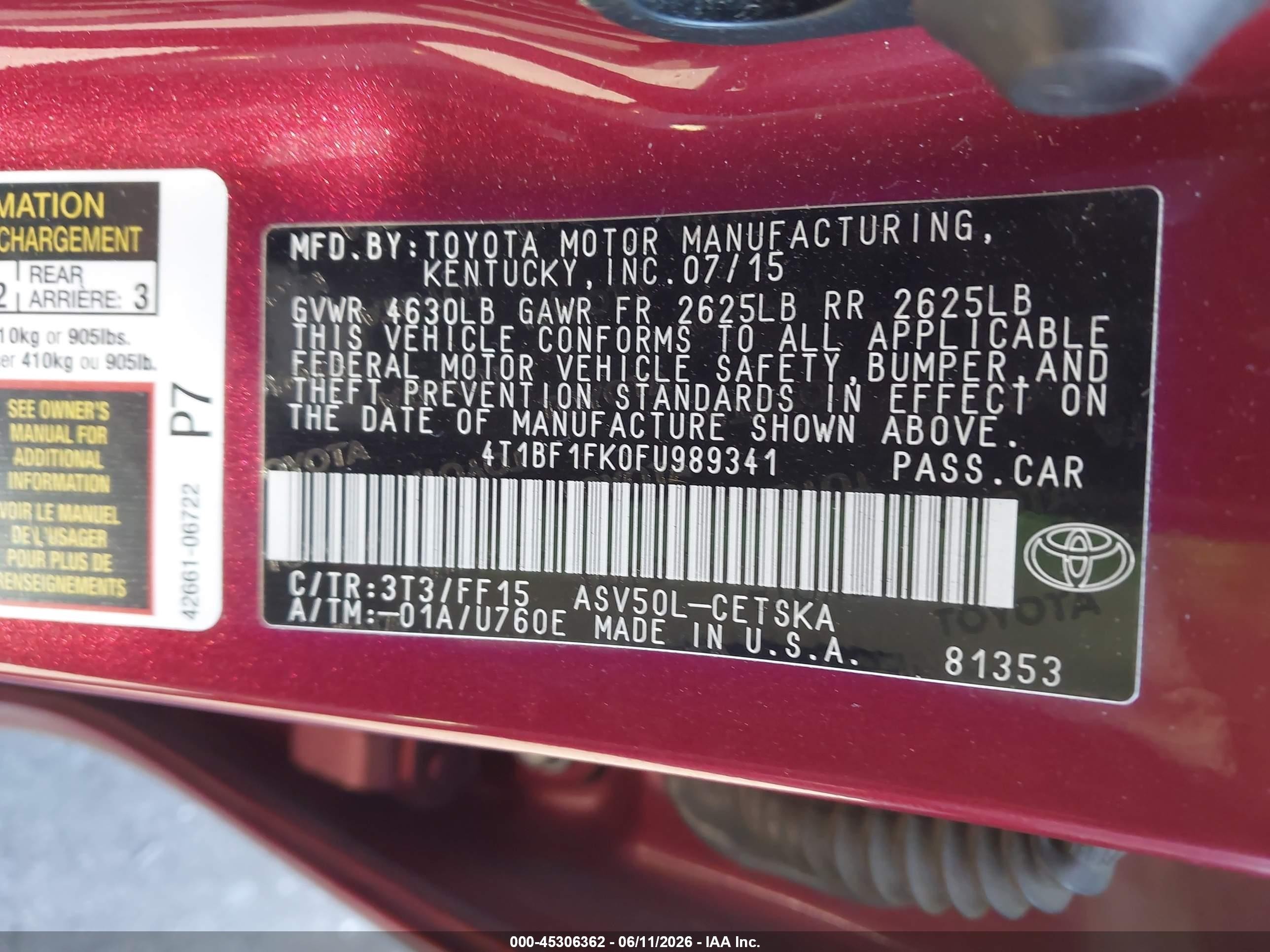 2015 Toyota Camry Se Red vin: 4T1BF1FK0FU989341