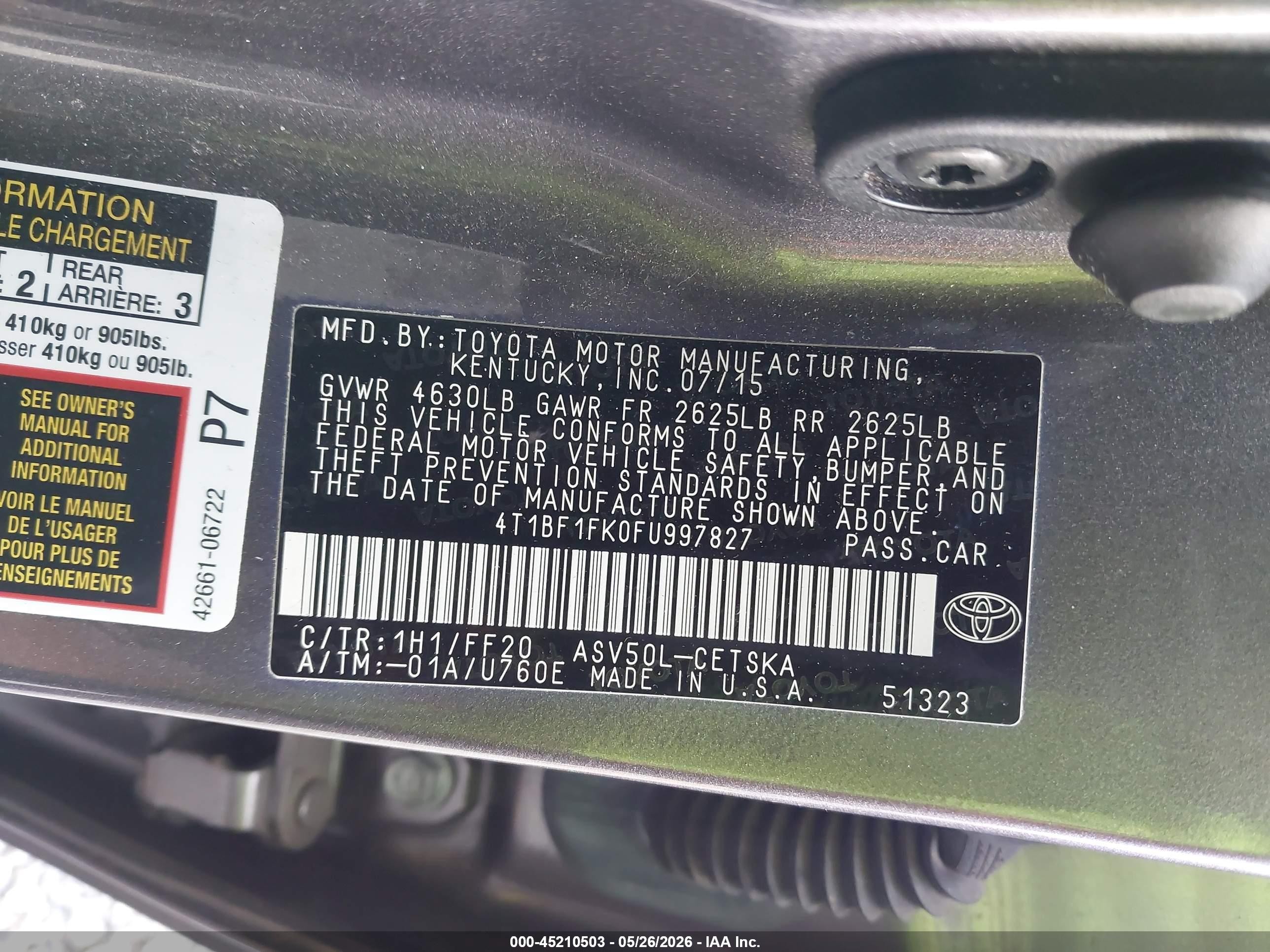 2015 Toyota Camry Se Gray vin: 4T1BF1FK0FU997827