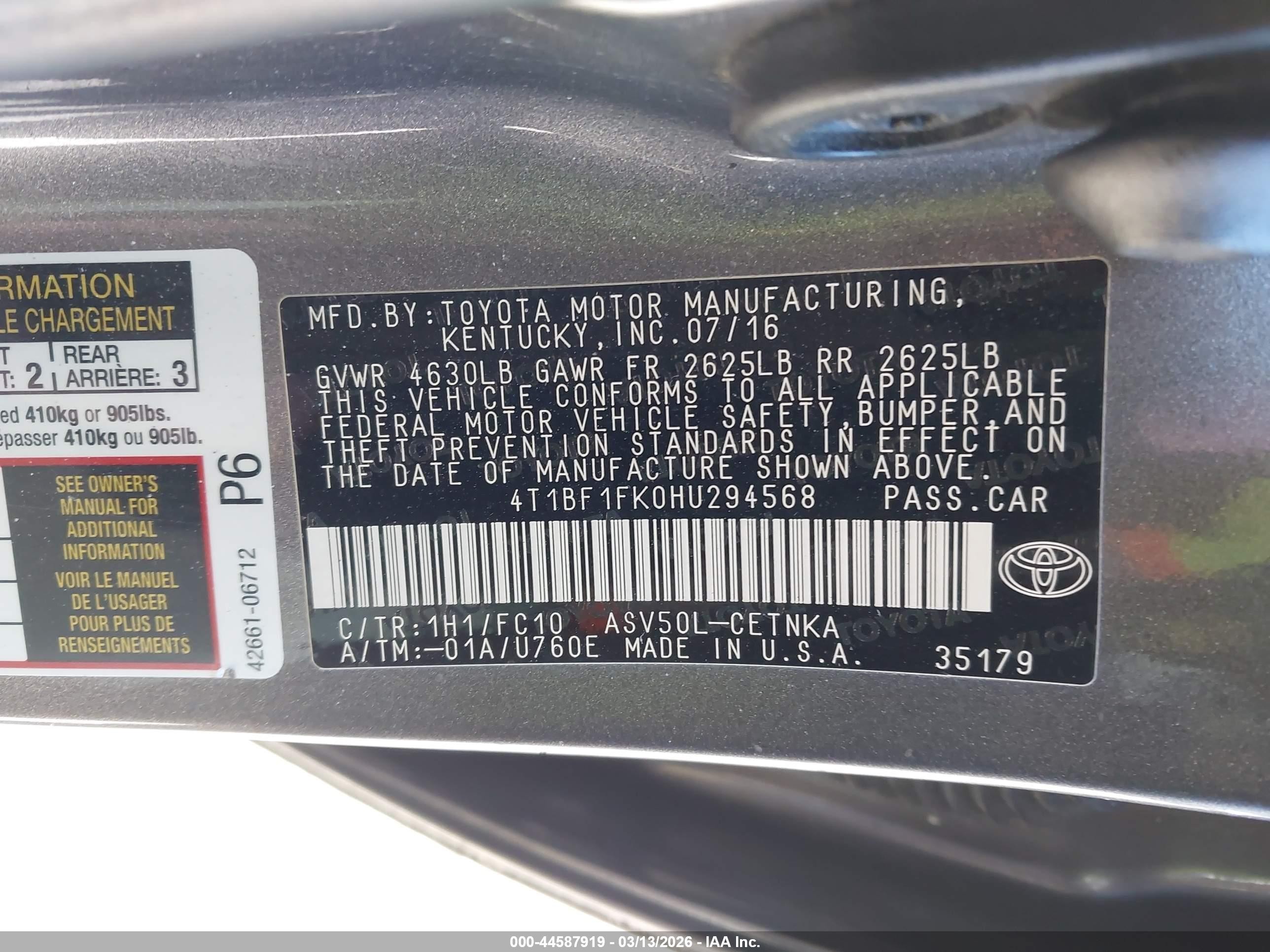 2017 Toyota Camry Le Gray vin: 4T1BF1FK0HU294568