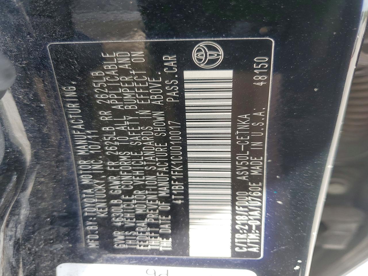 2012 Toyota Camry Le Black vin: 4T1BF1FK1CU010017