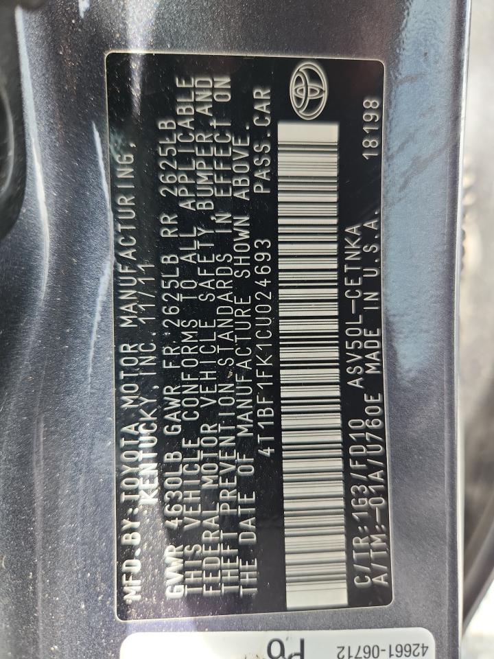 2012 Toyota Camry Le Silver vin: 4T1BF1FK1CU024693