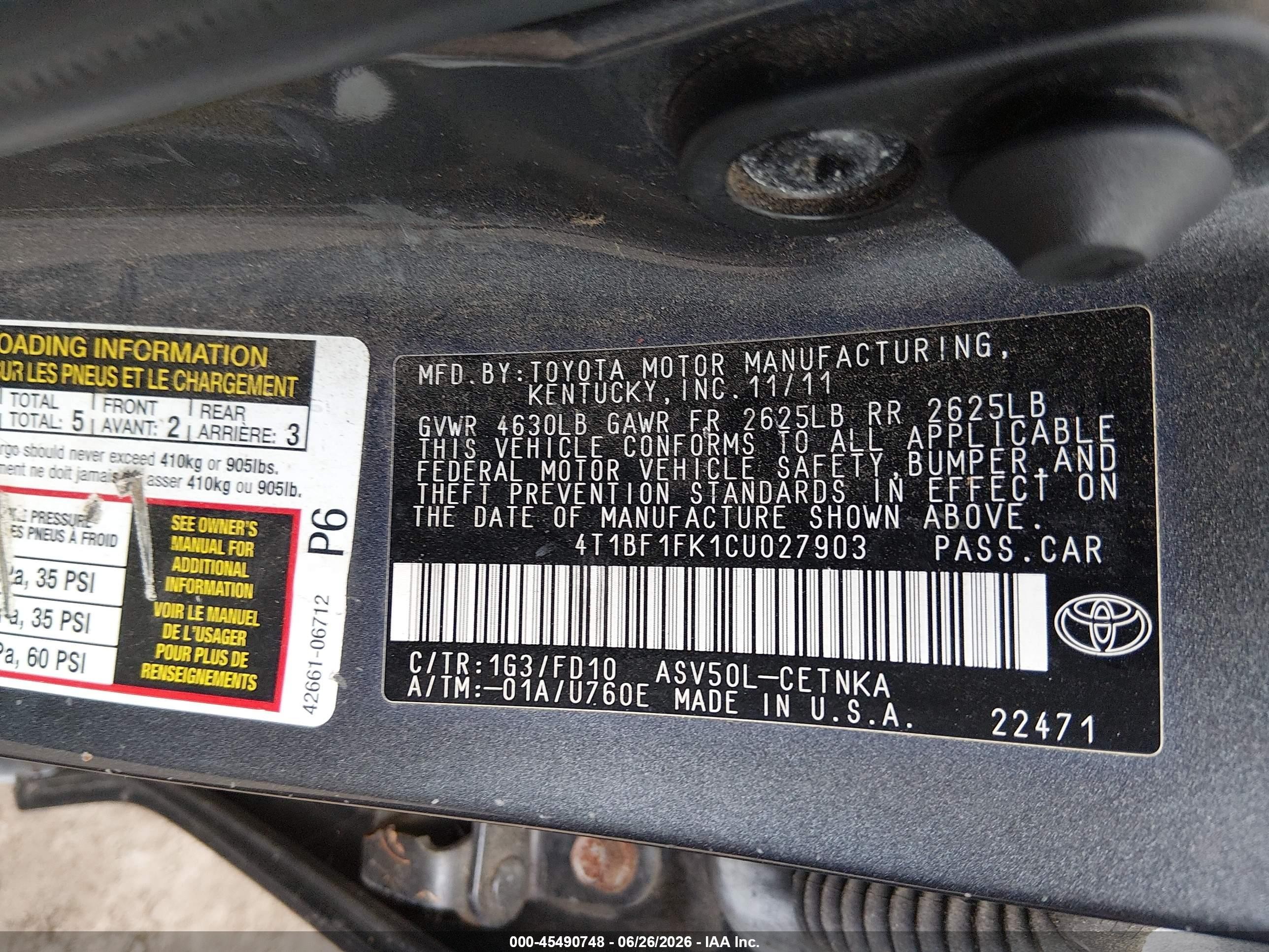 2012 Toyota Camry Le Gray vin: 4T1BF1FK1CU027903