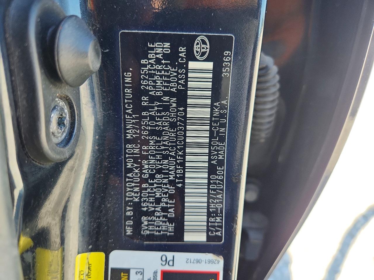 2012 Toyota Camry Le Угольный vin: 4T1BF1FK1CU037704