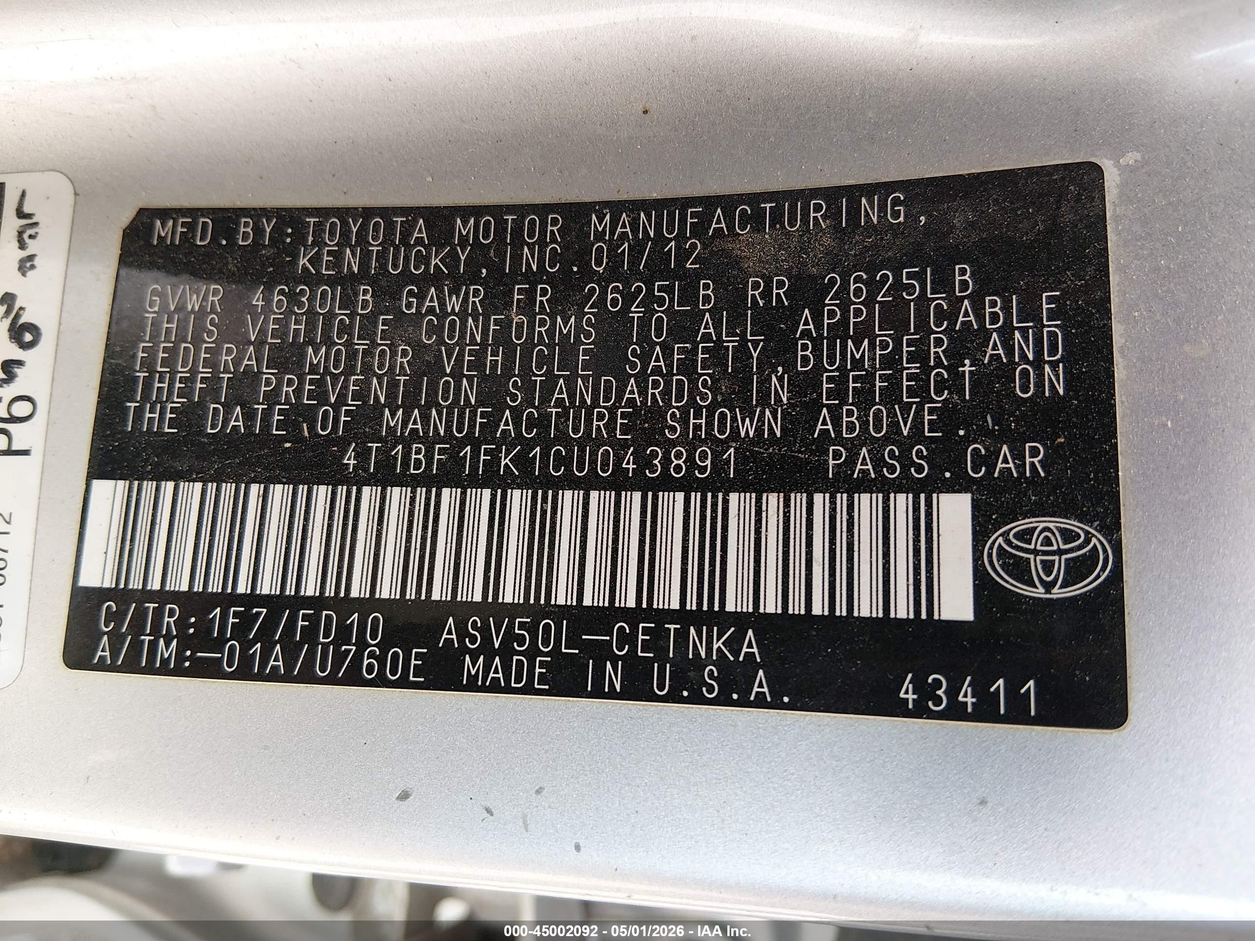 2012 Toyota Camry Le Silver vin: 4T1BF1FK1CU043891