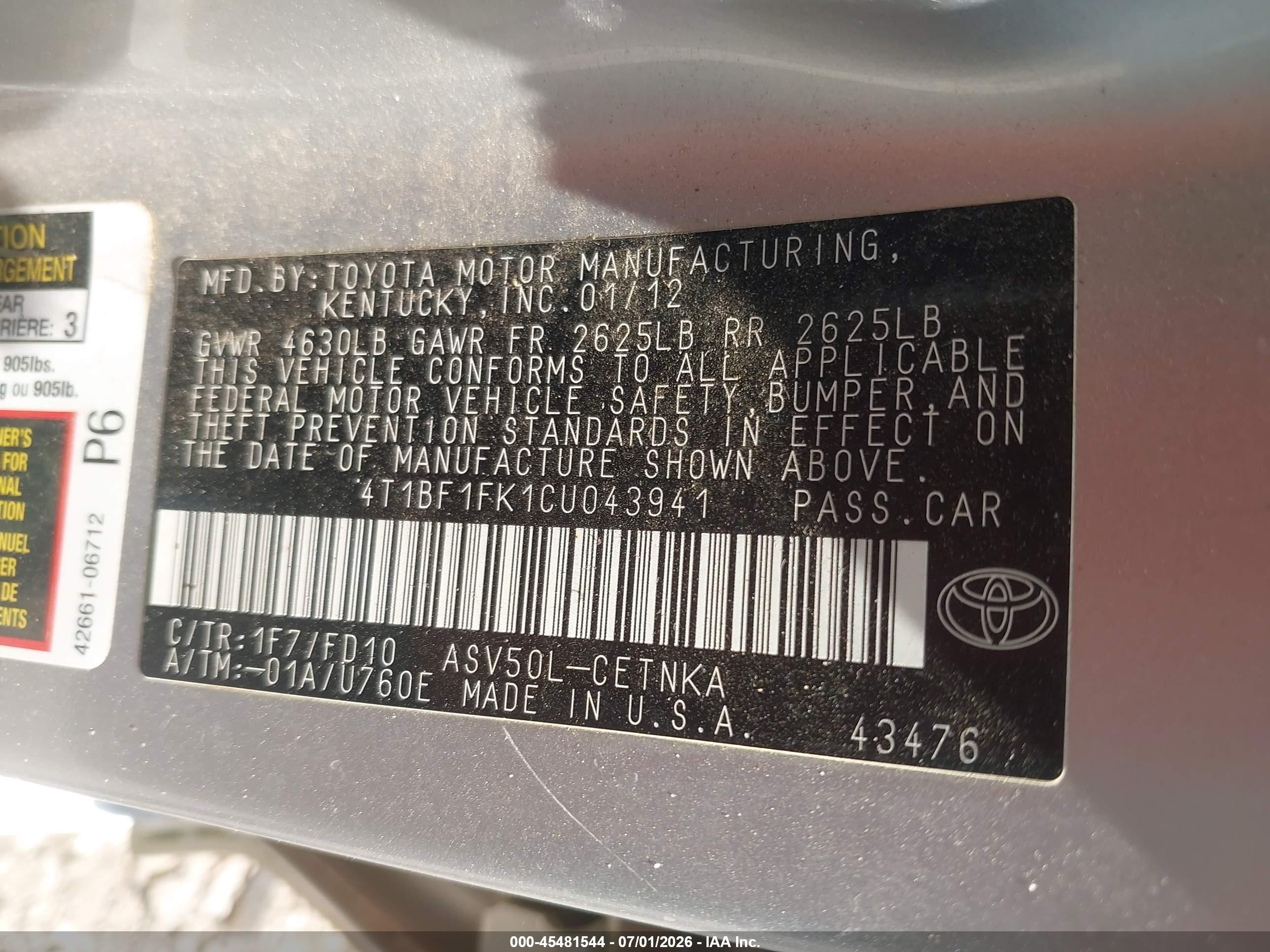 2012 Toyota Camry Le Silver vin: 4T1BF1FK1CU043941