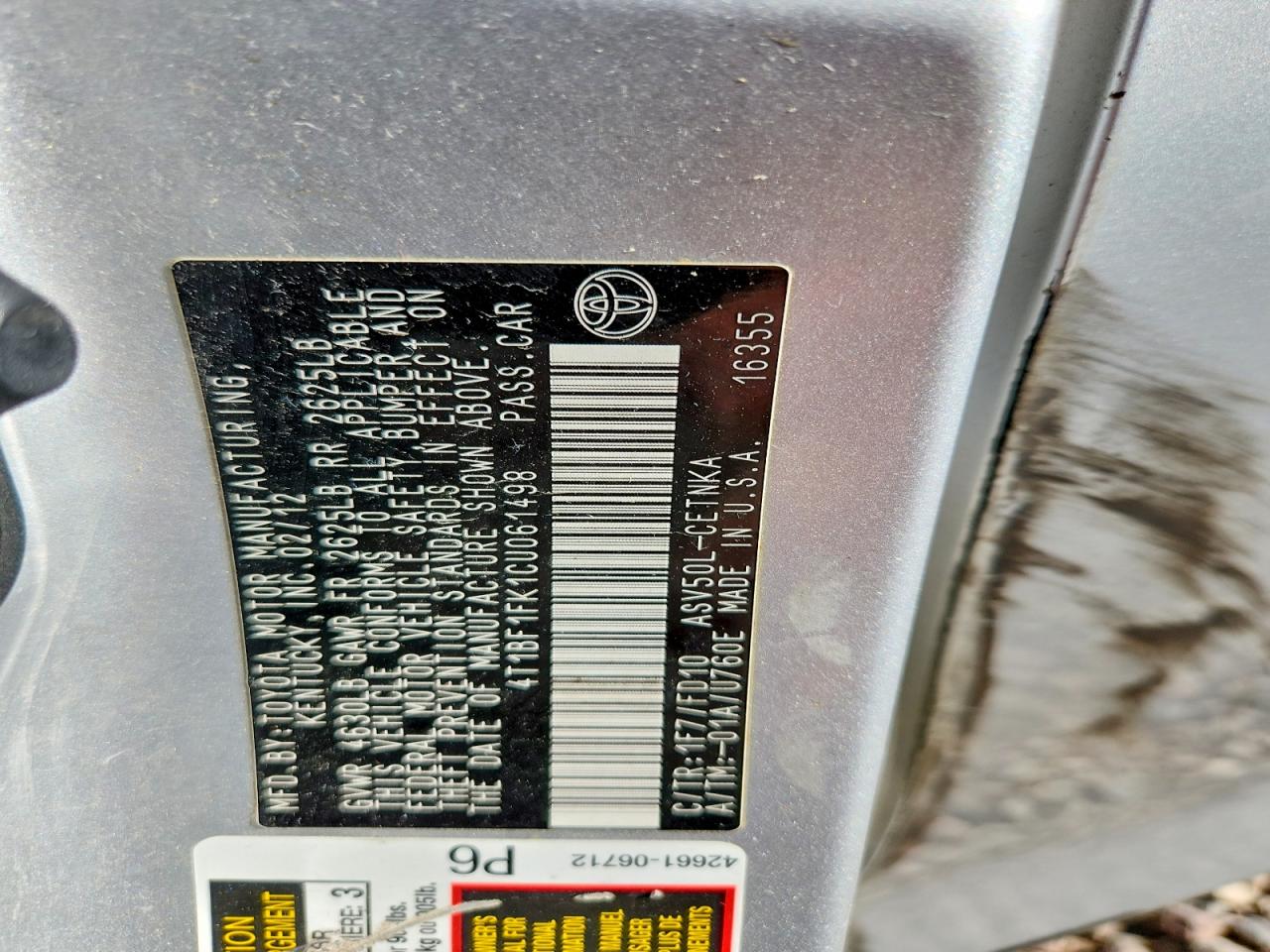 2012 Toyota Camry Le Silver vin: 4T1BF1FK1CU061498