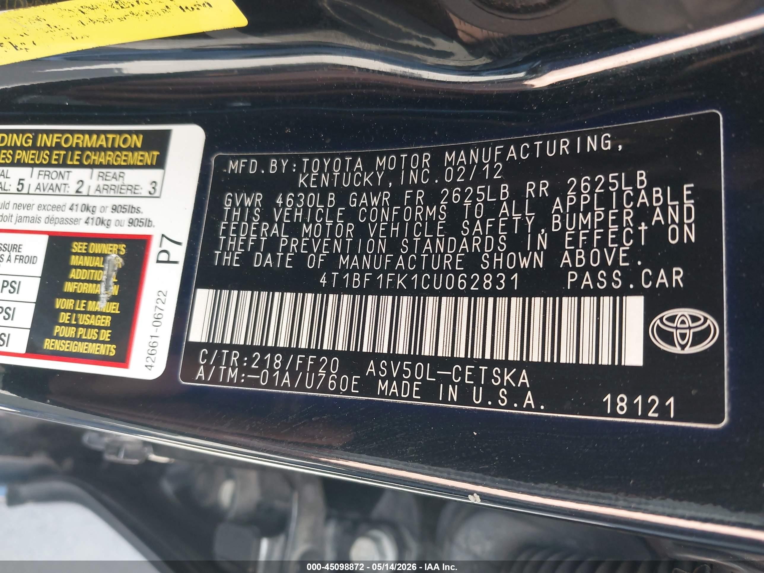 2012 Toyota Camry Se Black vin: 4T1BF1FK1CU062831