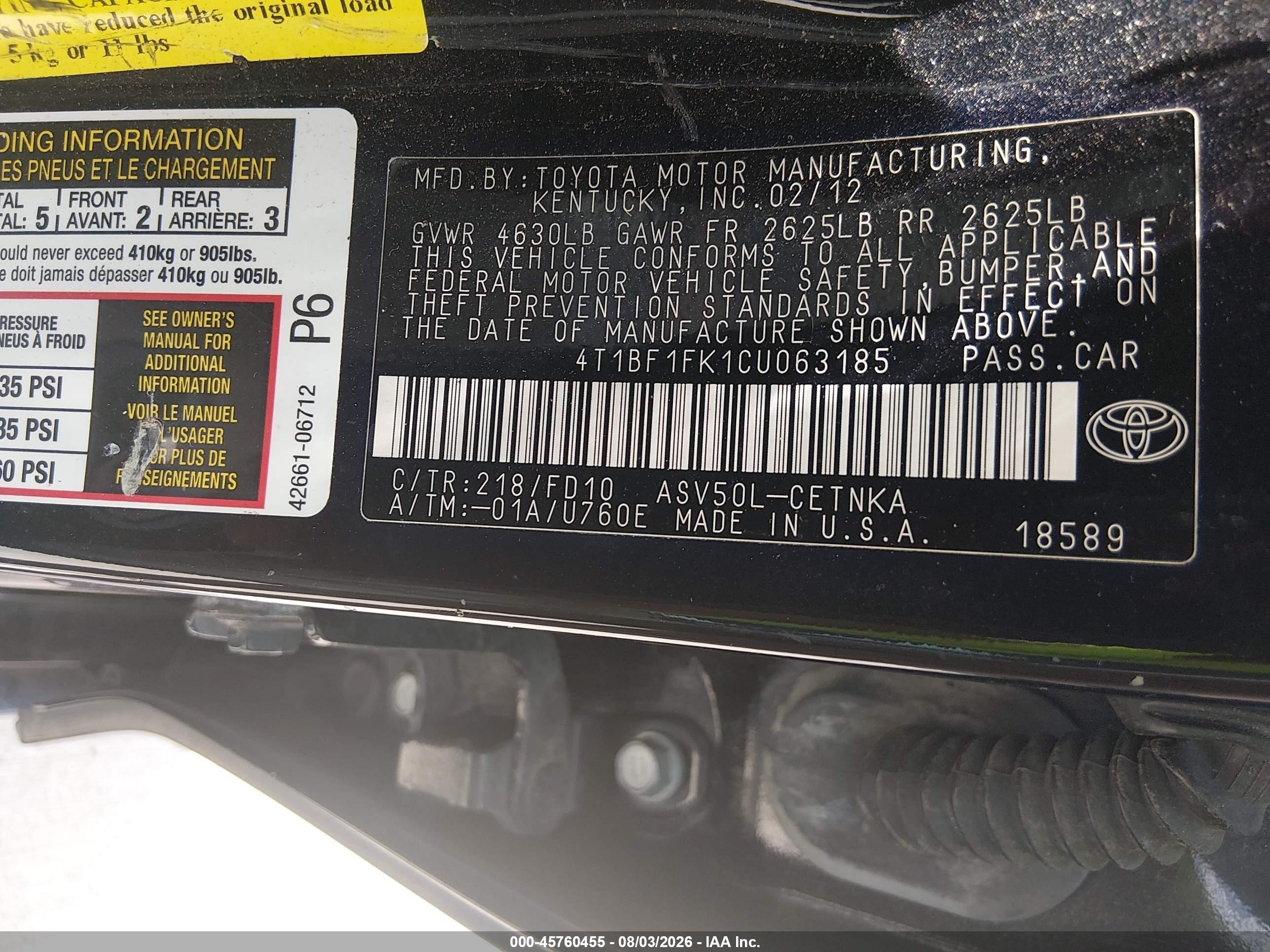 2012 Toyota Camry Le Black vin: 4T1BF1FK1CU063185