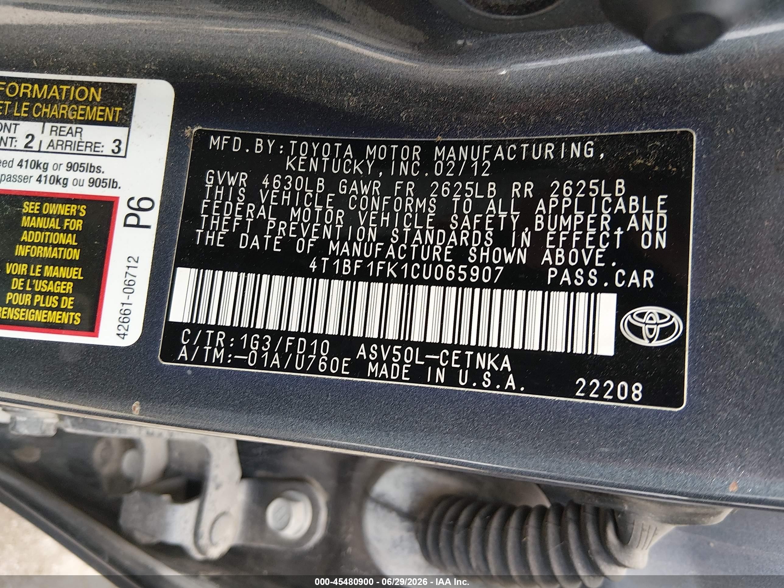 2012 Toyota Camry Le Black vin: 4T1BF1FK1CU065907
