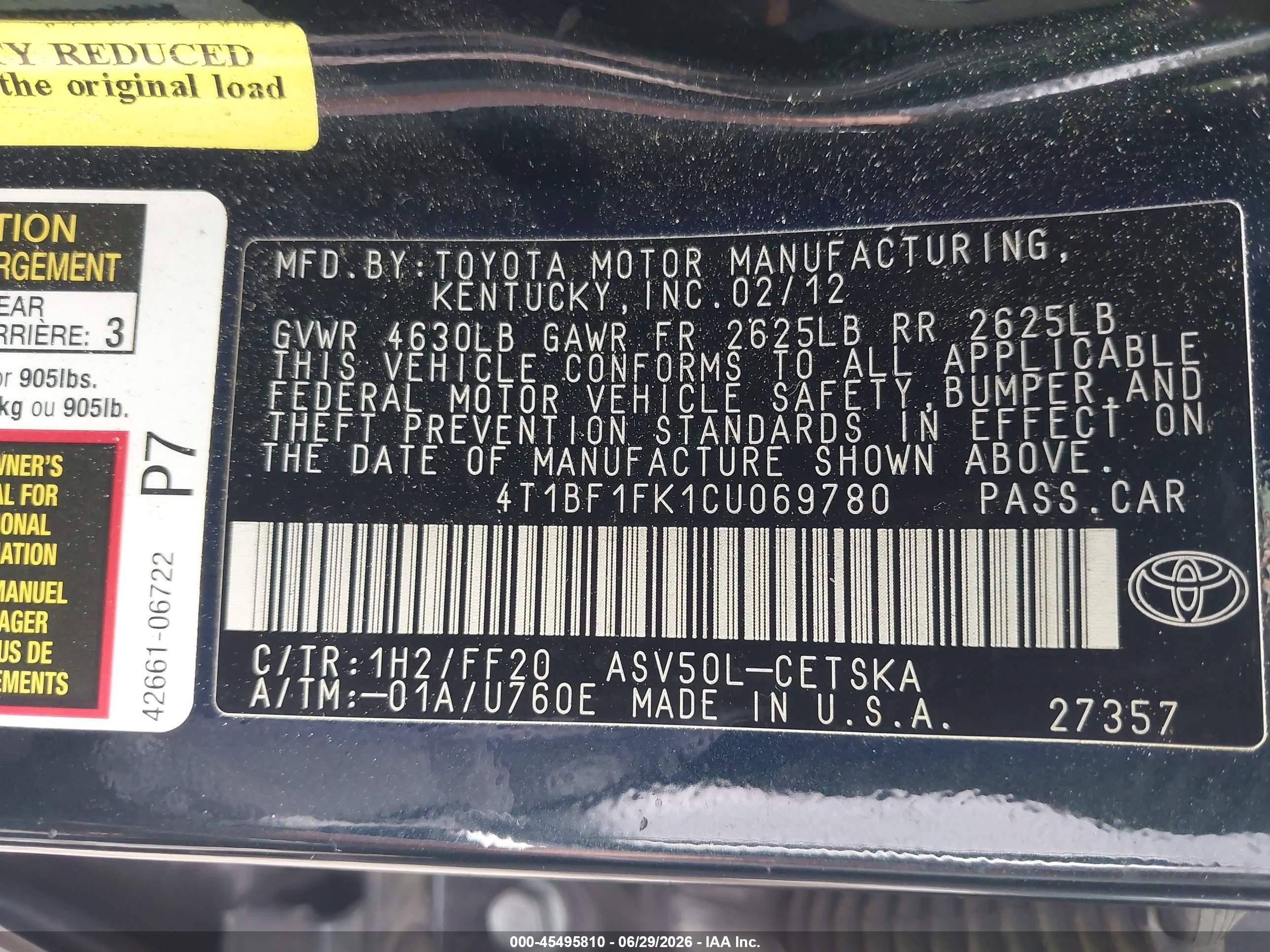 2012 Toyota Camry Se Black vin: 4T1BF1FK1CU069780