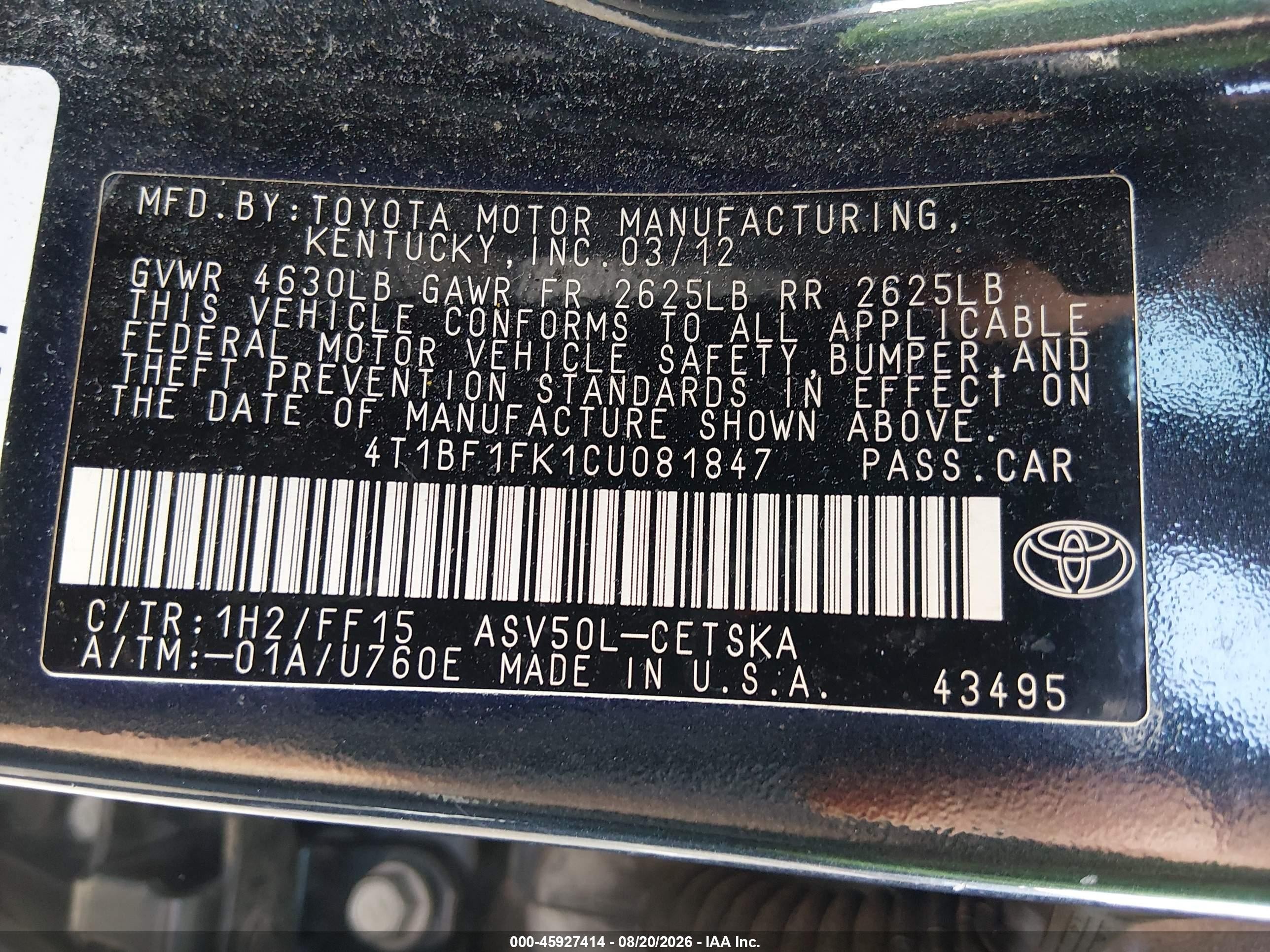2012 Toyota Camry Se Black vin: 4T1BF1FK1CU081847