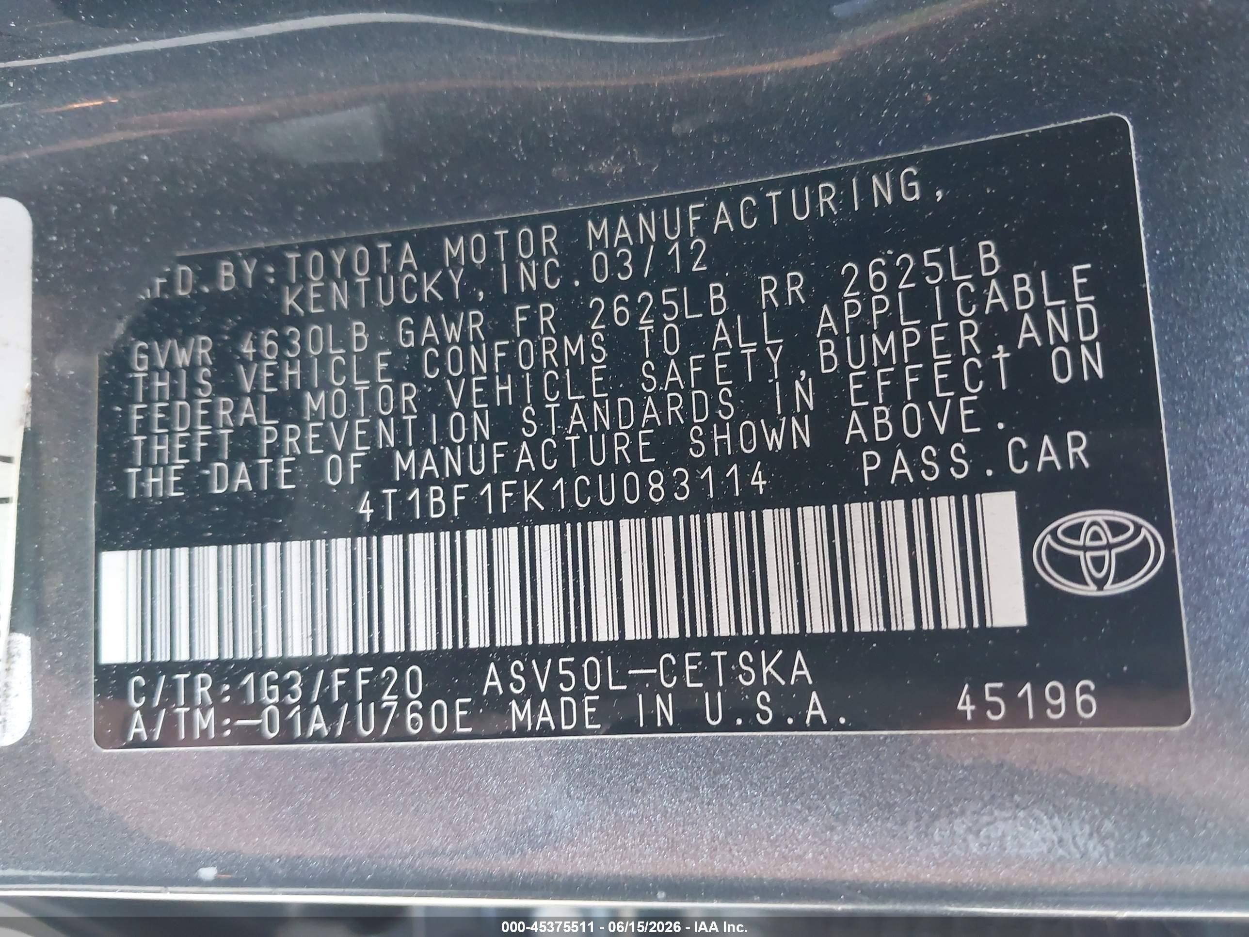 2012 Toyota Camry Se Серый vin: 4T1BF1FK1CU083114