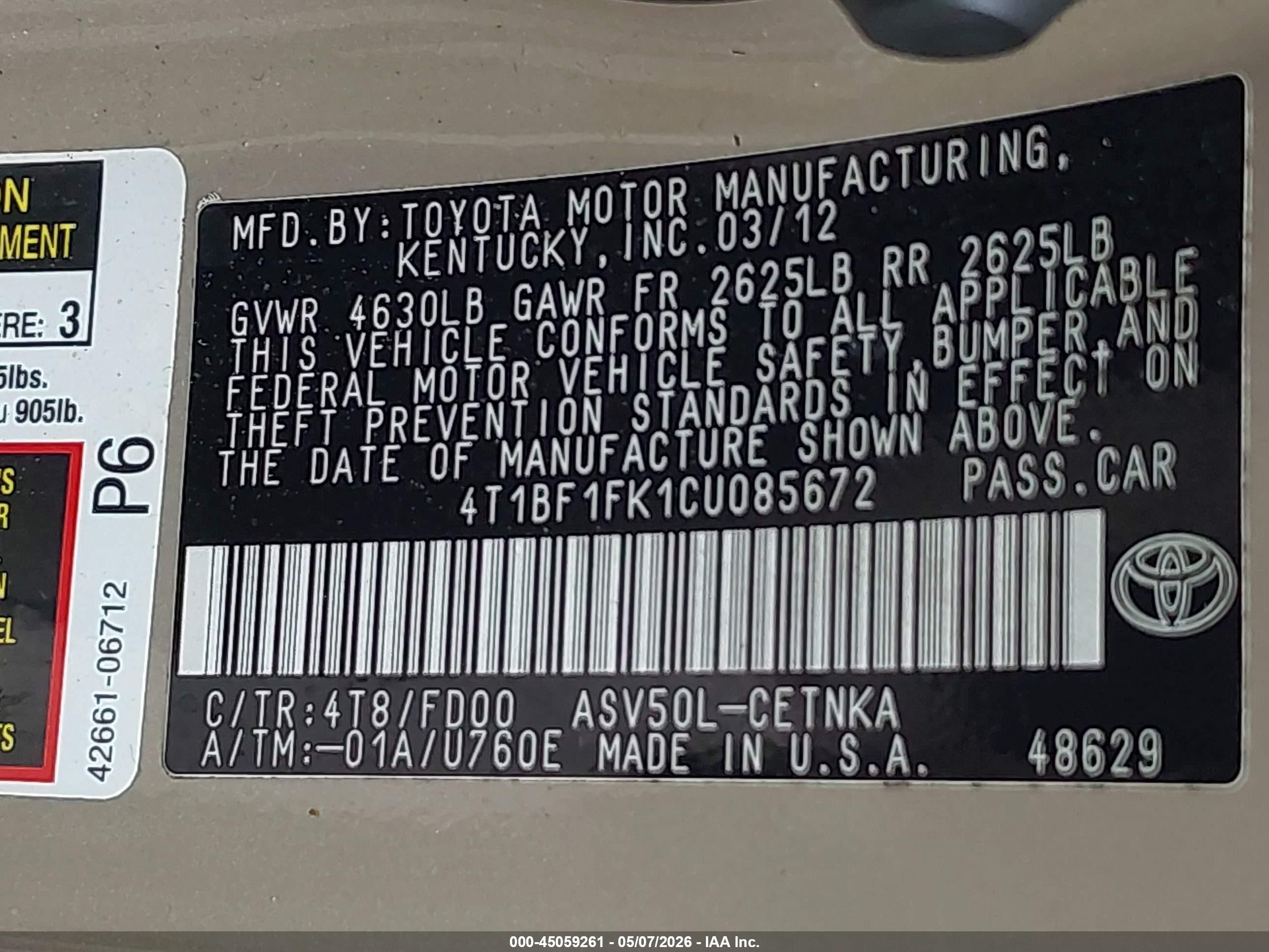 2012 Toyota Camry Le Gold vin: 4T1BF1FK1CU085672