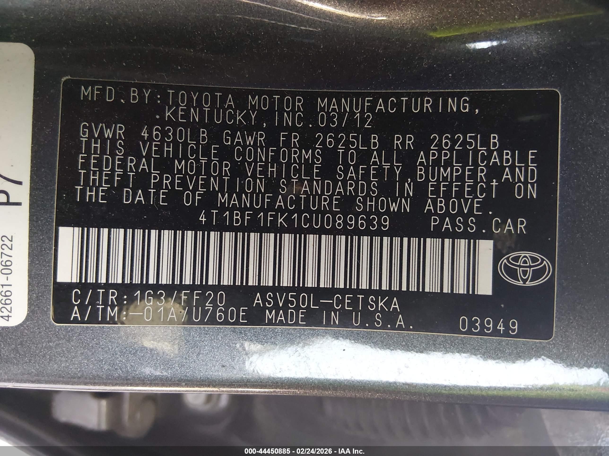 2012 Toyota Camry Se Gray vin: 4T1BF1FK1CU089639