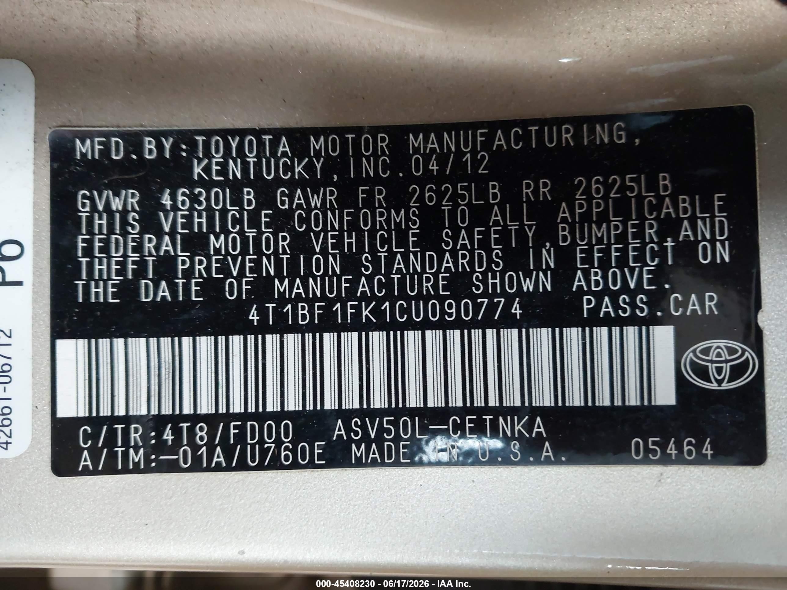 2012 Toyota Camry Le Beige vin: 4T1BF1FK1CU090774