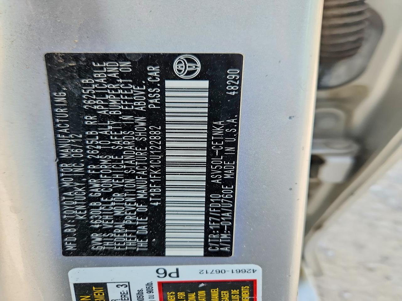 2012 Toyota Camry Le Silver vin: 4T1BF1FK1CU122882