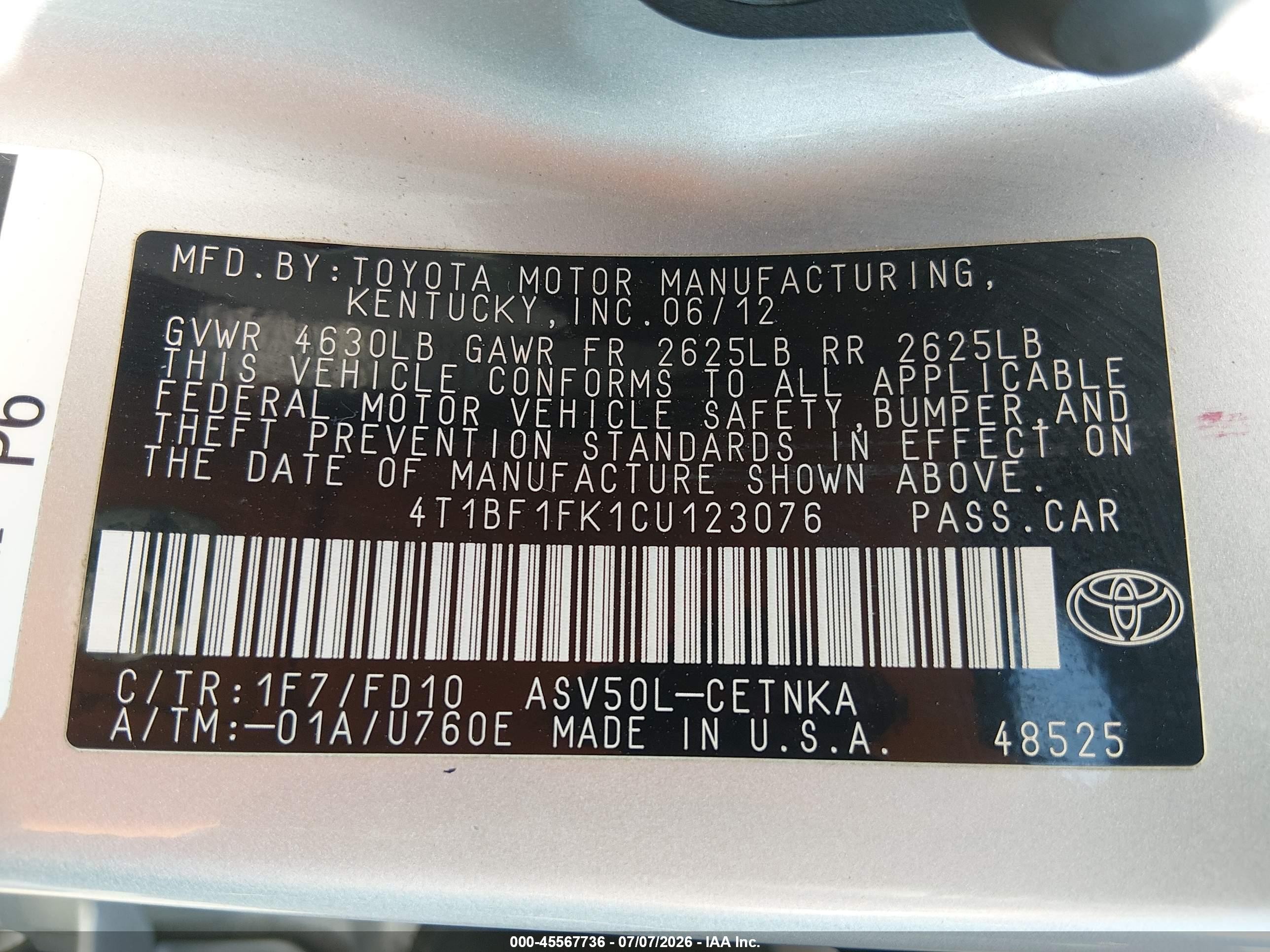 2012 Toyota Camry Le Silver vin: 4T1BF1FK1CU123076