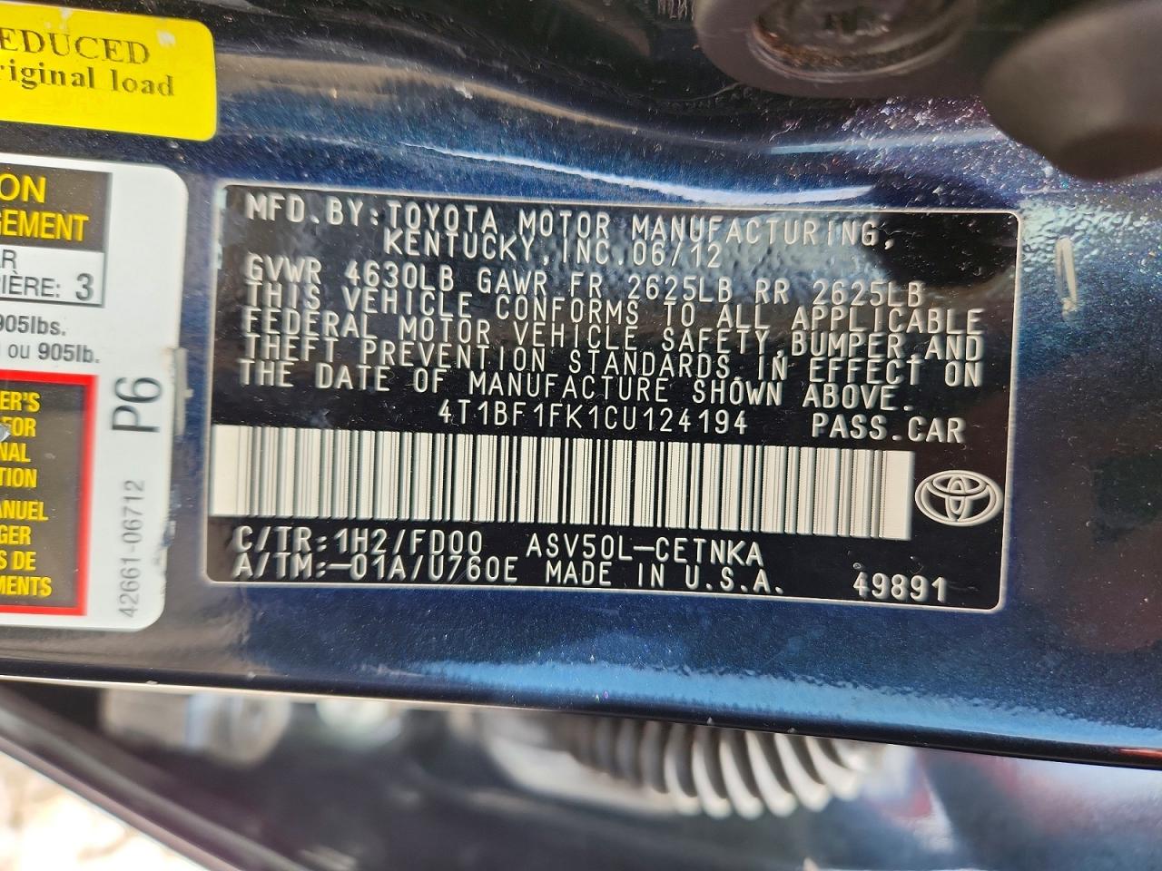 2012 Toyota Camry Le Black vin: 4T1BF1FK1CU124194