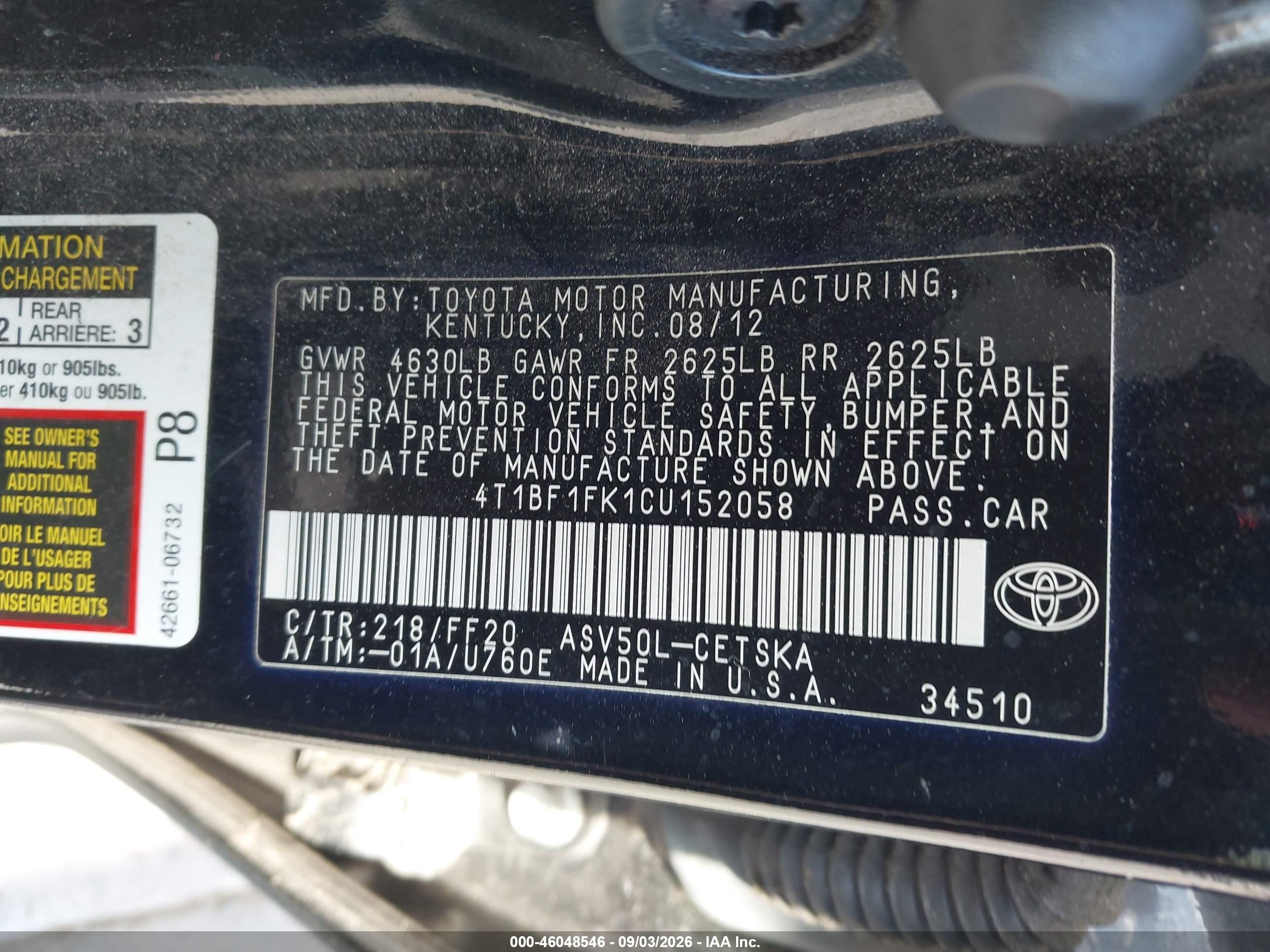 2012 Toyota Camry Se Limited Edition Black vin: 4T1BF1FK1CU152058