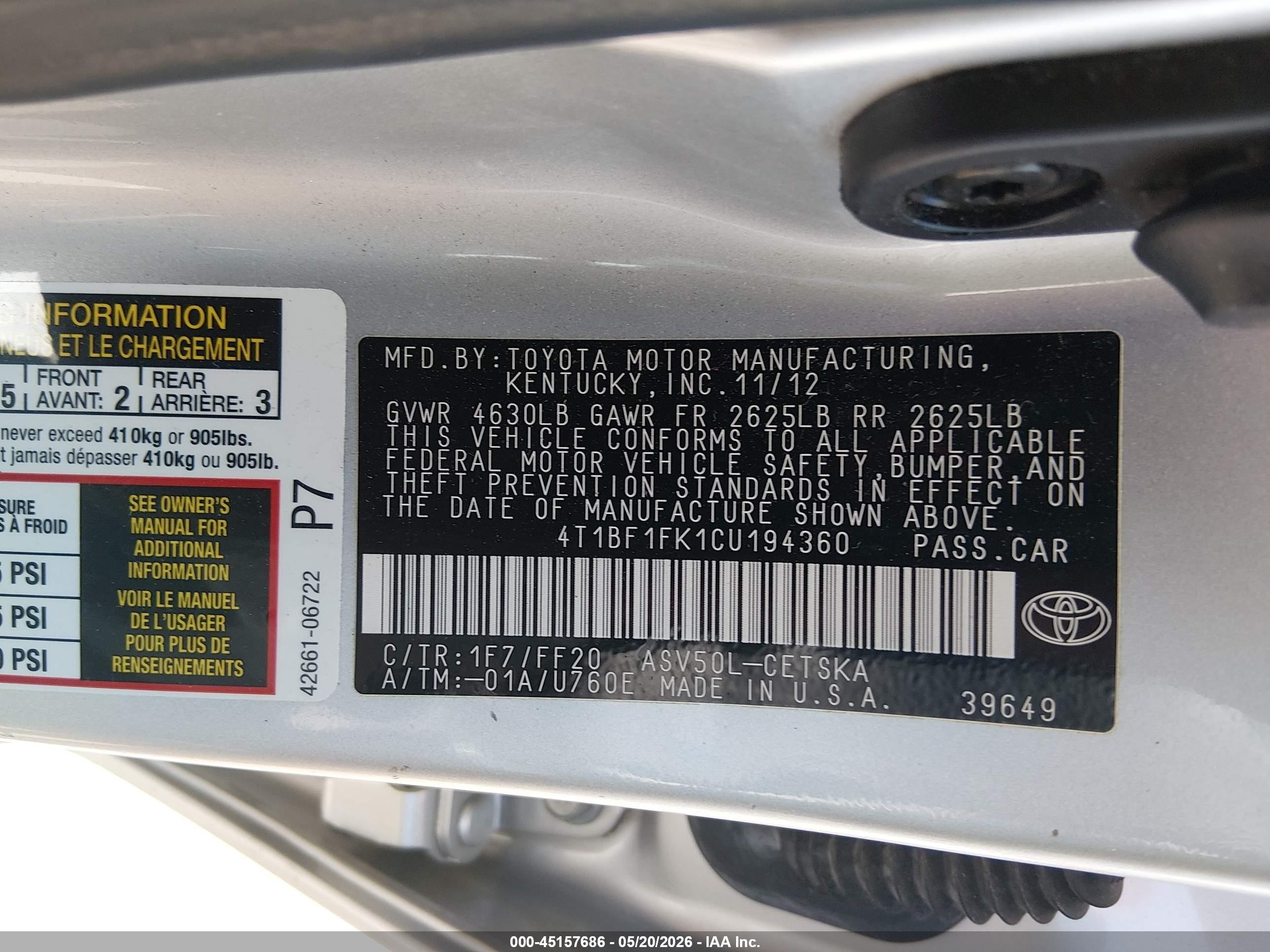 2012 Toyota Camry Se Silver vin: 4T1BF1FK1CU194360